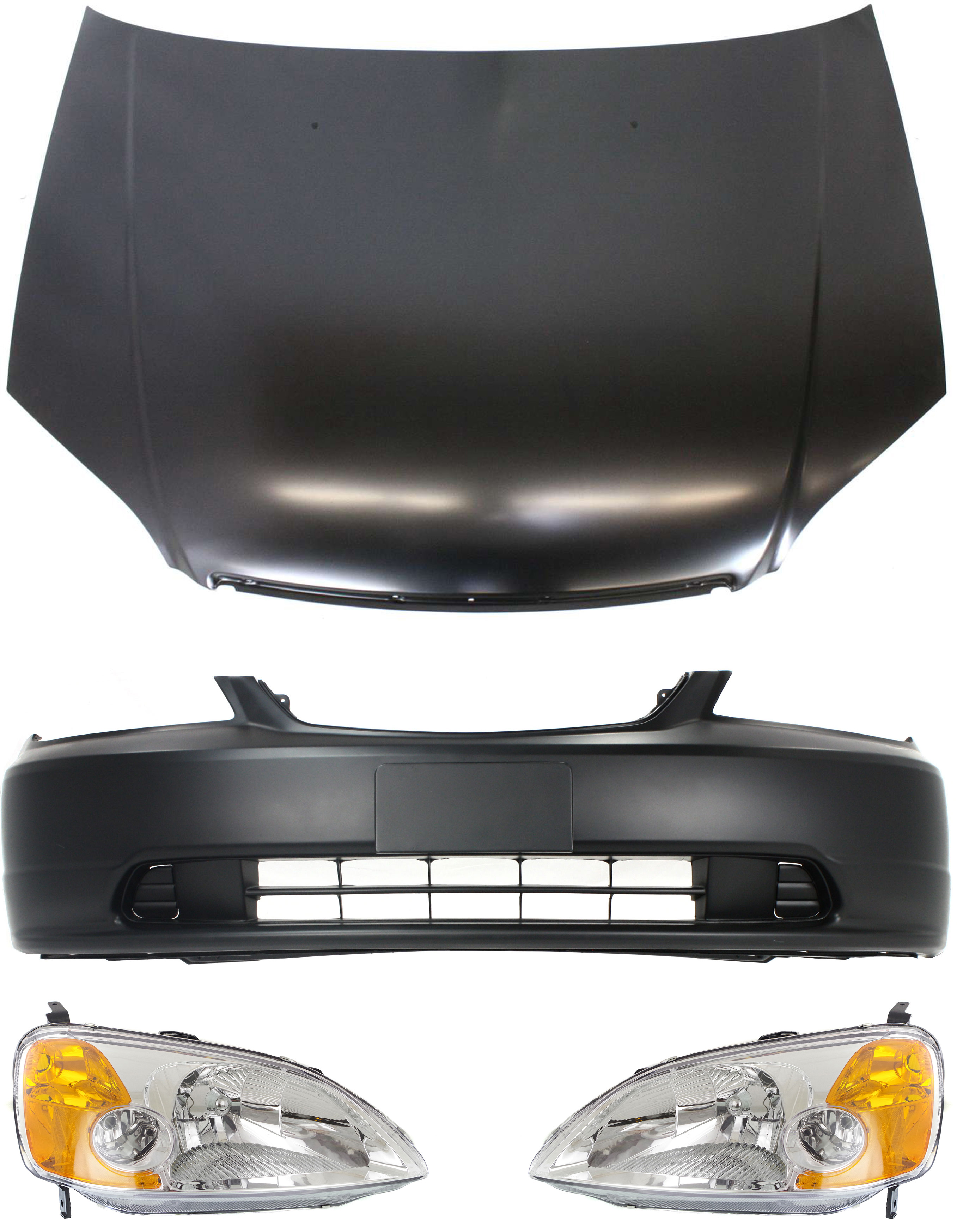AM CIVIC 01-03 HOOD Steel Primed 4 pc Kit Coupe with Bumper Cover and Headlights SKU KIT 111316-82 Partslink HO1230134 HO1000197 HO2519102 HO2518102 OEM 60100S5DA90ZZ 04711S5PA90ZZ 33