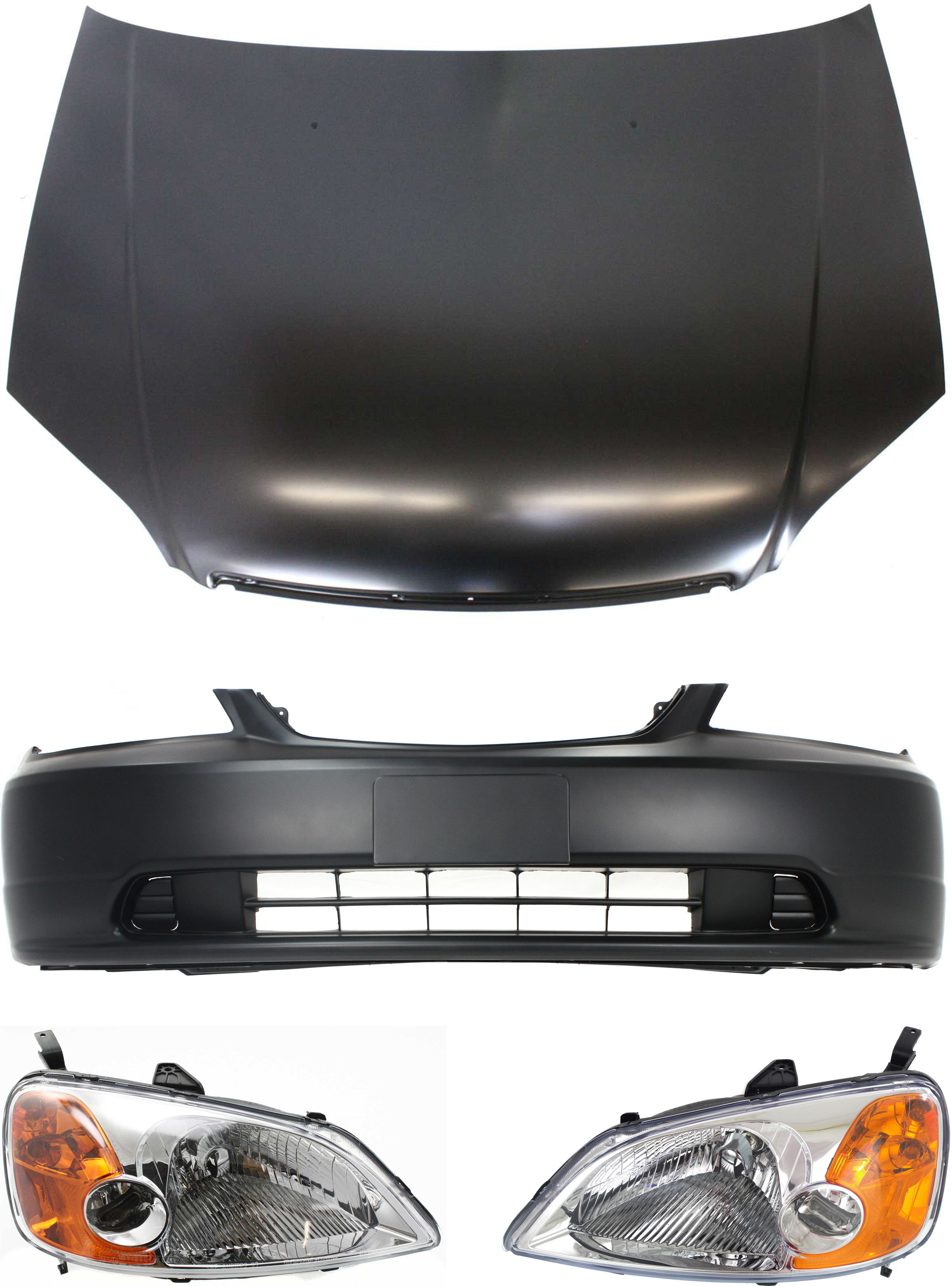 AM CIVIC 01-03 HOOD Steel Primed 4 pc Kit with Bumper Cover and Headlights SKU KIT 111316-83 Partslink HO1230134 HO1000197 OEM 60100S5DA90ZZ 04711S5PA90ZZ 33