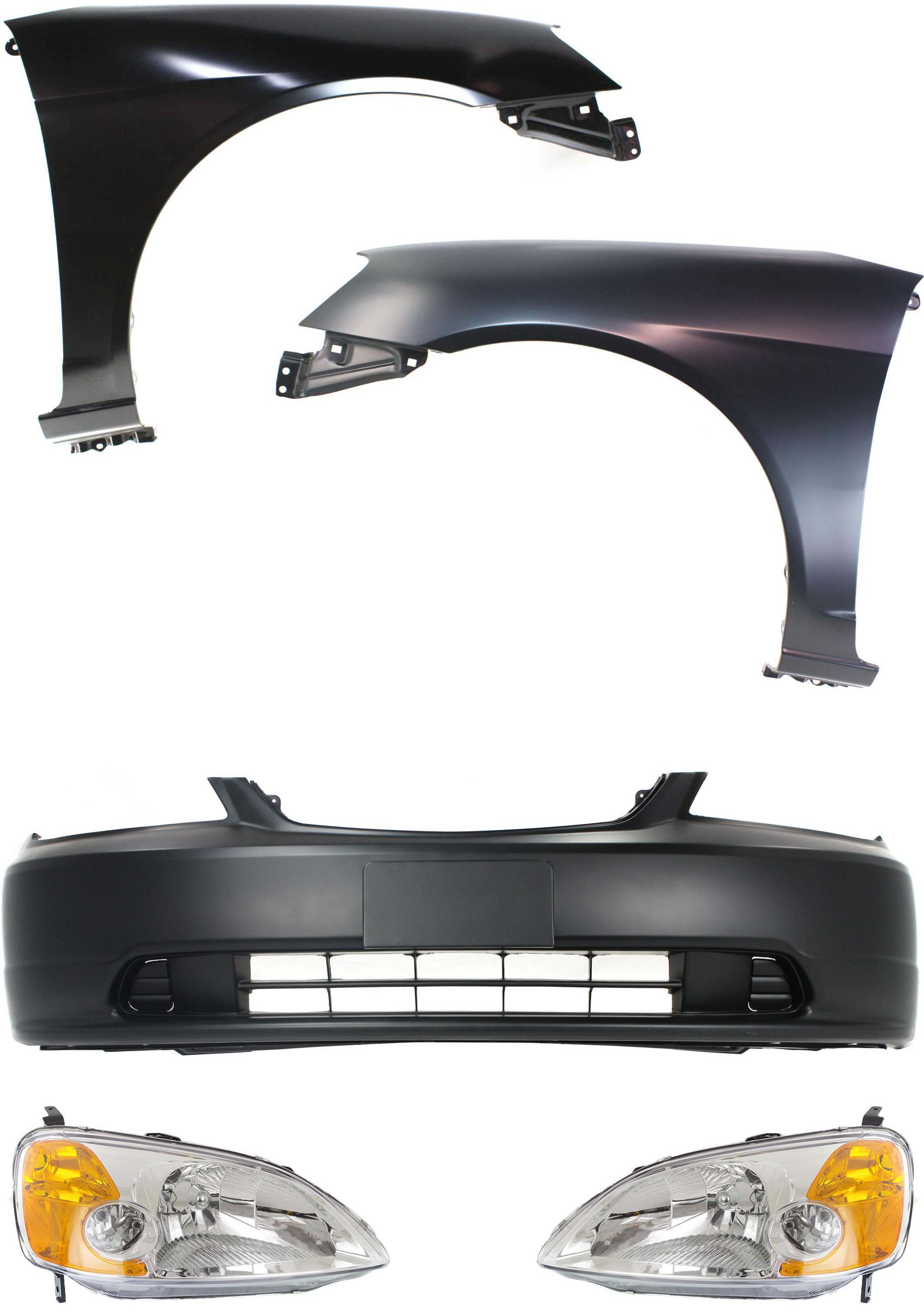 AM CIVIC 01-03 HEAD LAMP RH AND LH Lens and Housing Halogen 5 pc Kit with Bumper Cover and Fenders SKU KIT 111316-85 Partslink HO2518102 HO2519102 HO1000197 HO1240153 HO1241153 OEM 33151S5PA01-33101S5PA01-04711S
