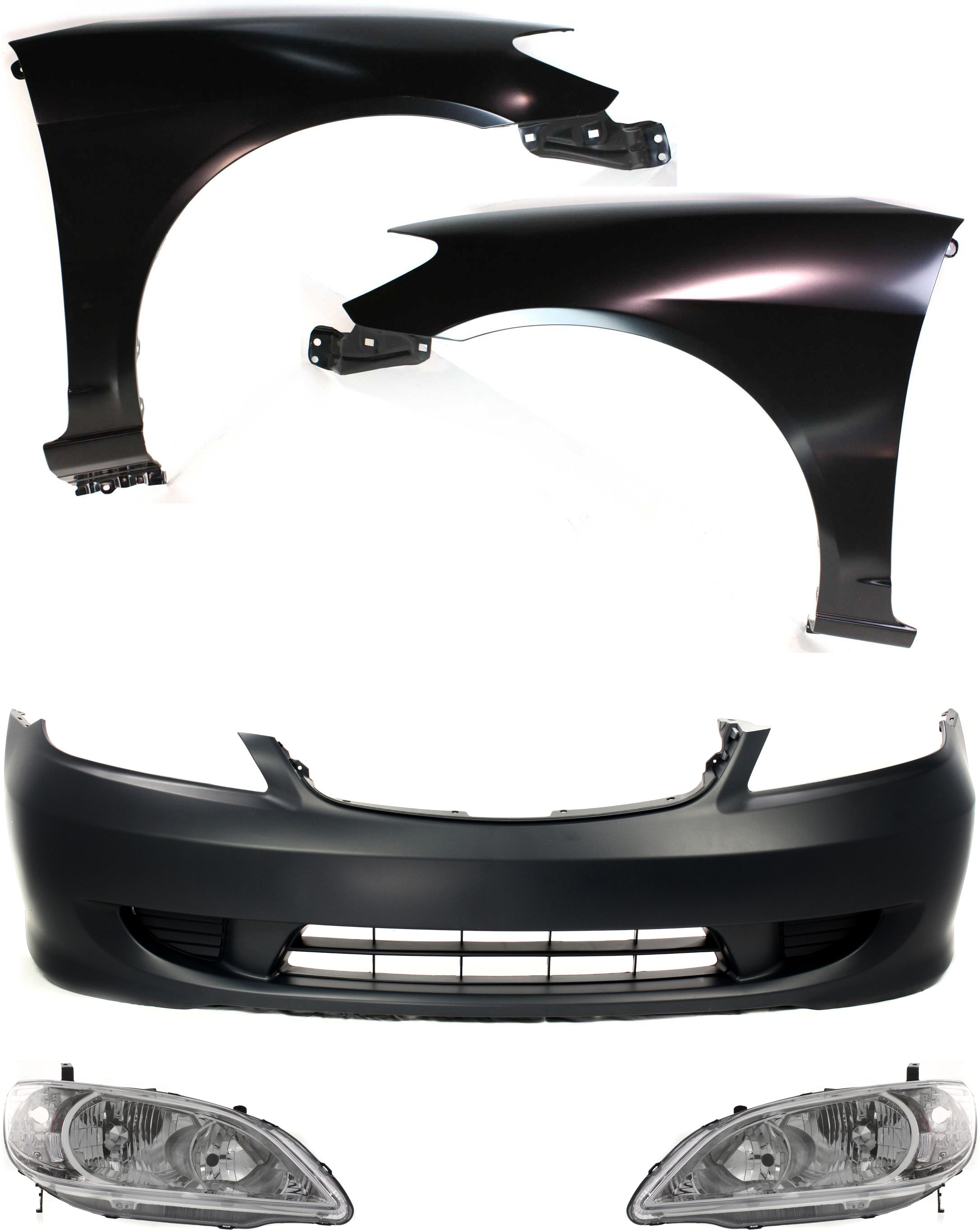 AM CIVIC 04-05 HEAD LAMP RH AND LH Lens and Housing Halogen 5 pc Kit with Bumper Cover and Fenders SKU KIT 111316-87 Partslink HO2503121 HO2502121 HO1000216 HO1240162 HO1241162 OEM 33101S5AA51-33151S5AA51-04711S