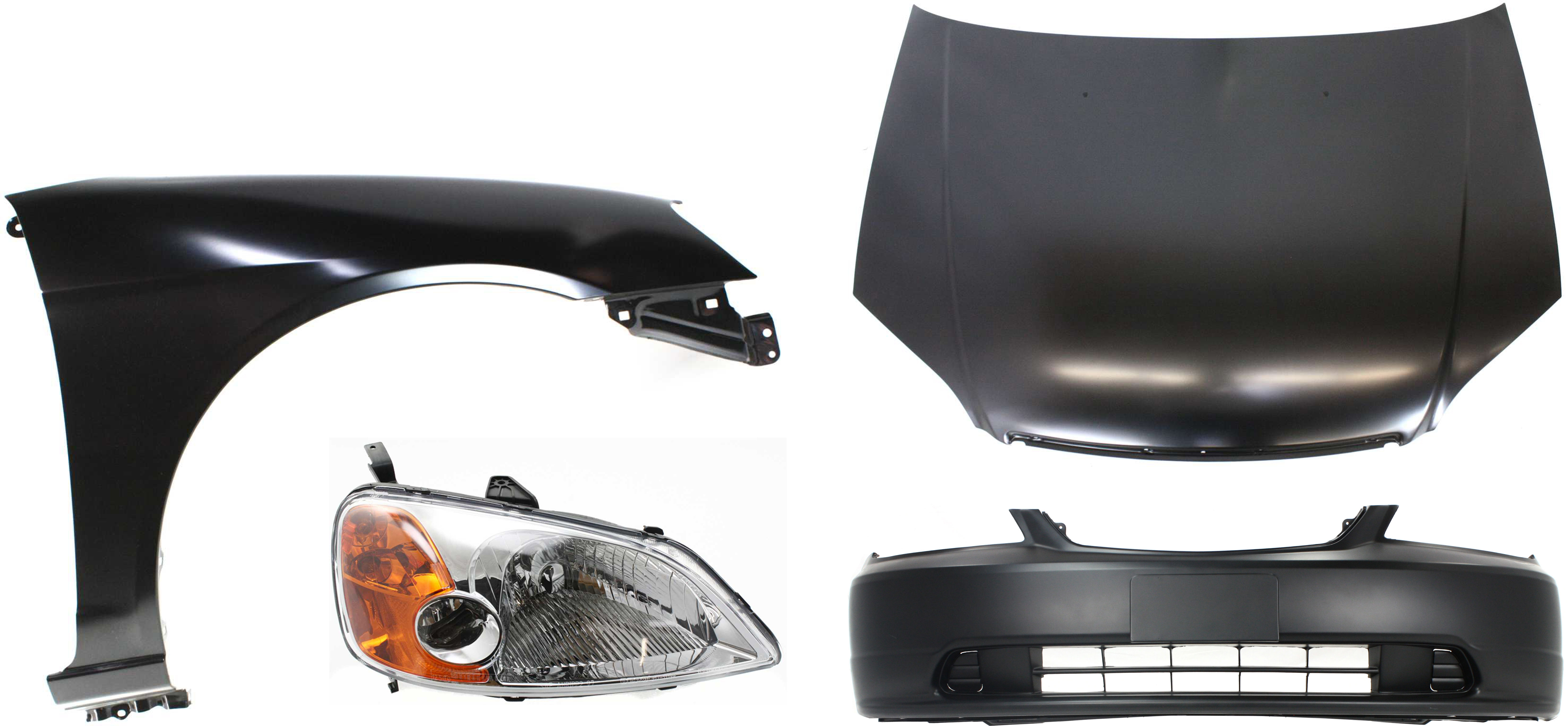 AM CIVIC 01-03 HOOD Steel Primed 4 pc Kit with Bumper Cover Fender and Headlight SKU KIT 111316-89 Partslink HO1230134 HO1000197 HO1241153 OEM 60100S5DA90ZZ 04711S5PA90ZZ 60