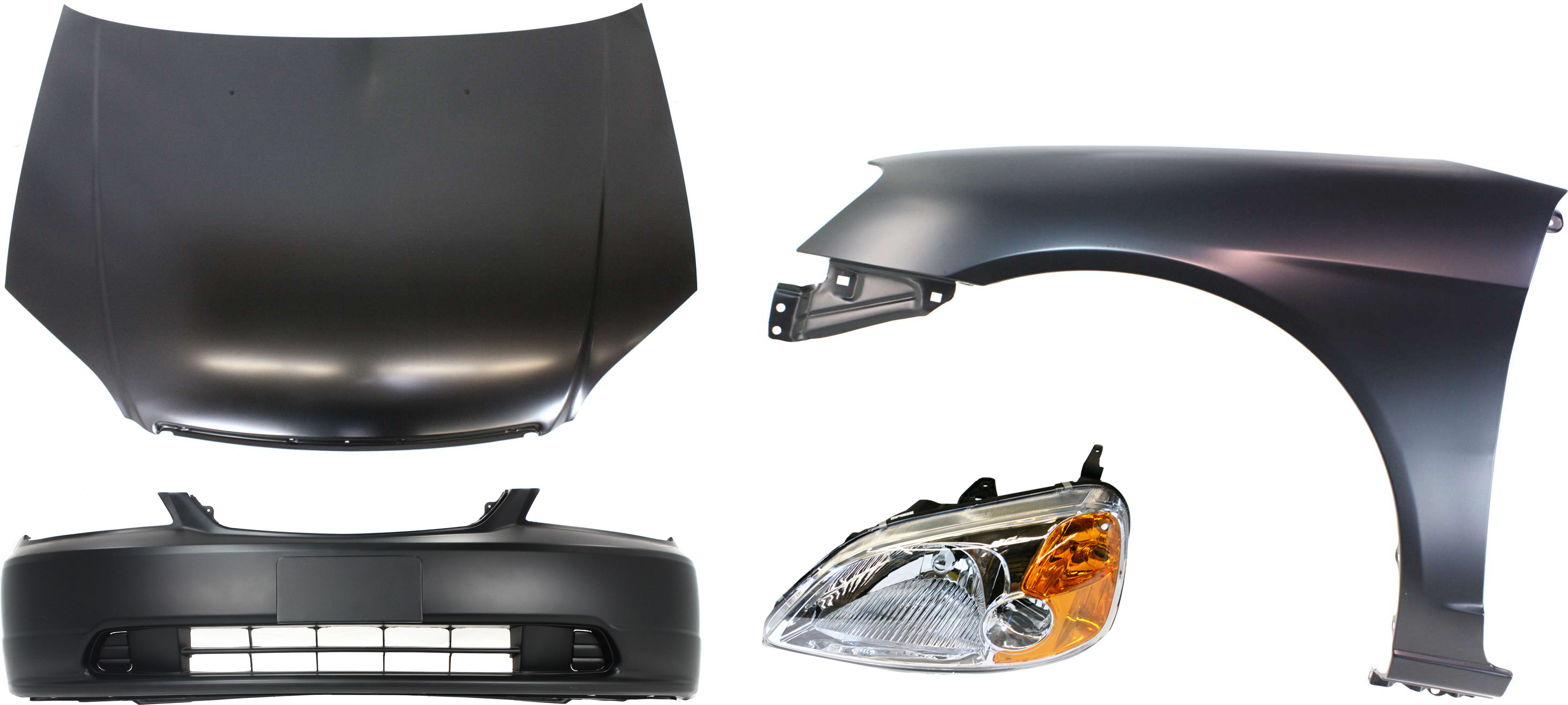 AM CIVIC 01-03 HOOD Steel Primed 4 pc Kit Coupe with Bumper Cover Fender and Headlight SKU KIT 111316-91 Partslink HO1230134 HO1000197 HO1240153 HO2518102 OEM 60100S5DA90ZZ 04711S5PA90ZZ 60