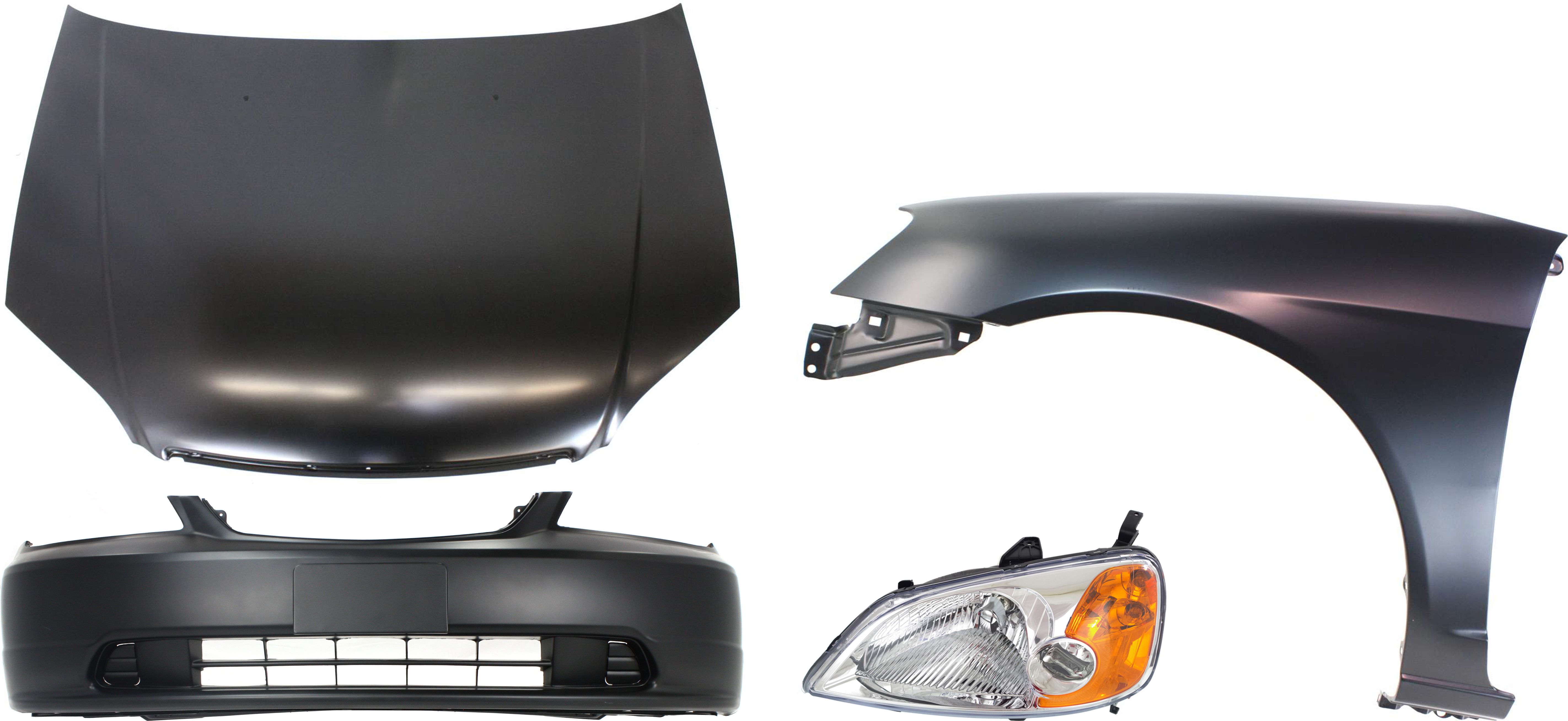 AM CIVIC 01-03 HOOD Steel Primed 4 pc Kit with Bumper Cover Fender and Headlight SKU KIT 111316-92 Partslink HO1230134 HO1000197 HO1240153 OEM 60100S5DA90ZZ 04711S5PA90ZZ 60