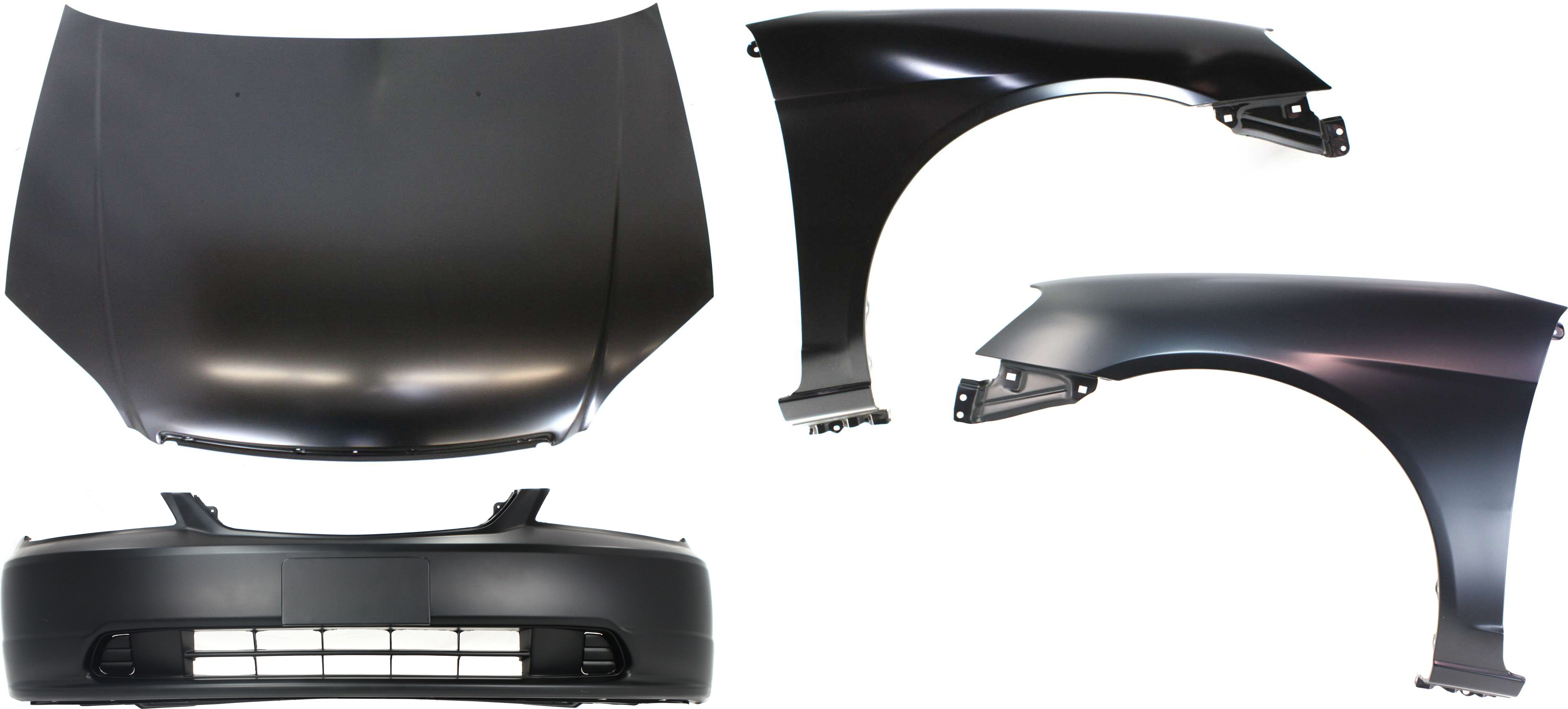 AM CIVIC 01-03 HOOD Steel Primed 4 pc Kit with Bumper Cover and Fenders SKU KIT 111316-94 Partslink HO1230134 HO1000197 HO1240153 HO1241153 OEM 60100S5DA90ZZ 04711S5PA90ZZ 60