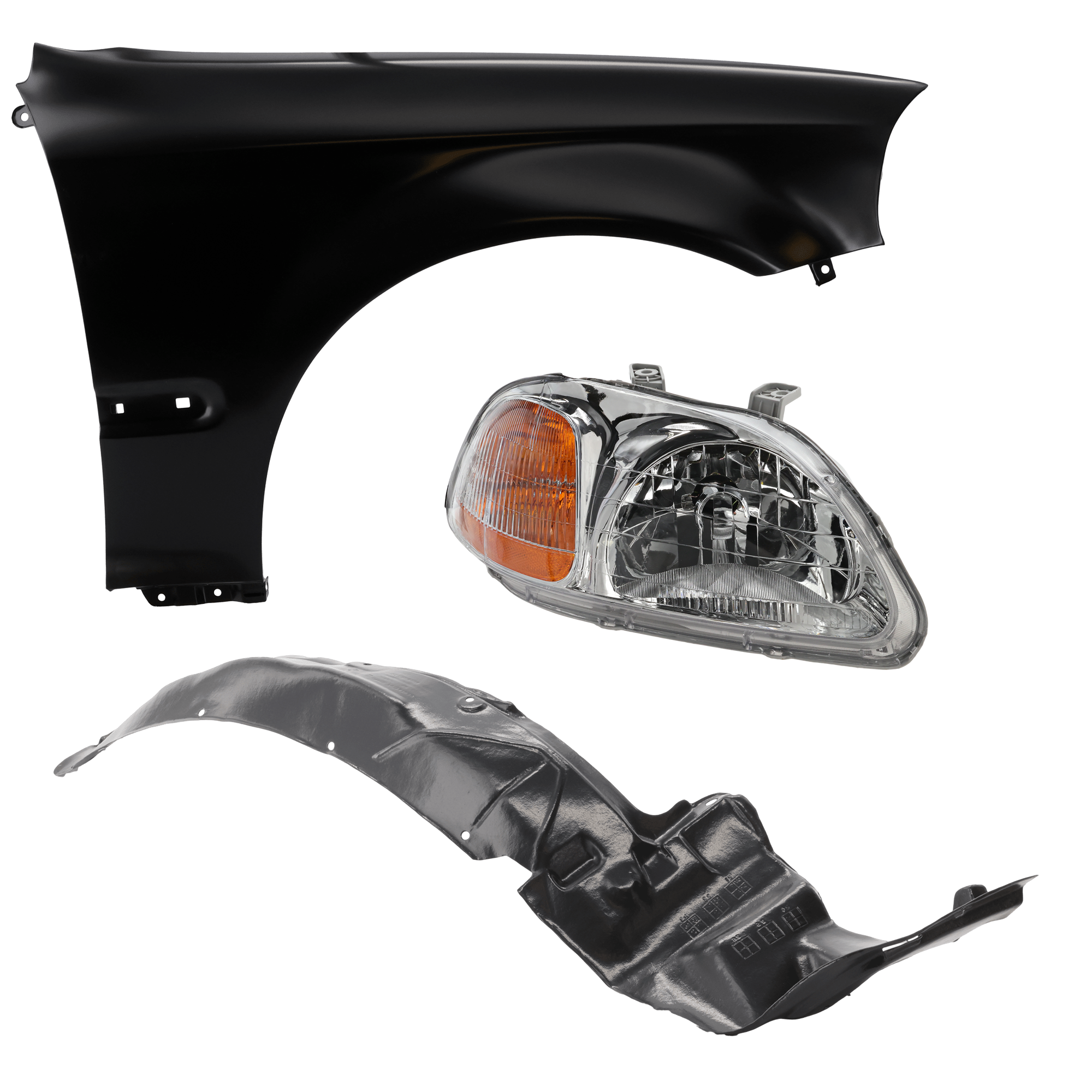 AM CIVIC 96-98 HEAD LAMP RH Lens and Housing Halogen 3 pc Kit with Fender and Fender Liner SKU KIT 111316-98 Partslink HO2519101 HO1241143 HO1249103 OEM 33101S01305-33101S01A01-60211S