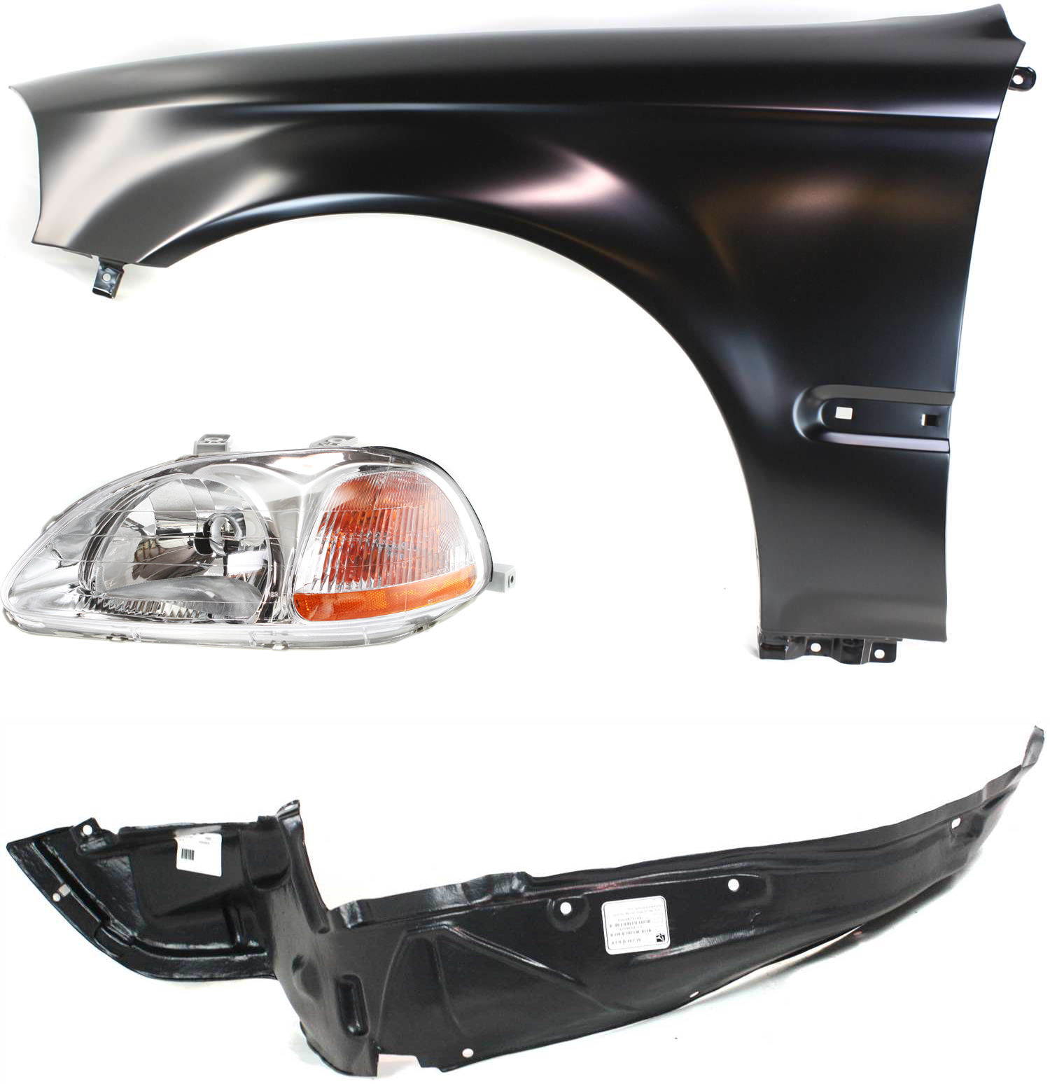AM CIVIC 96-98 HEAD LAMP LH Lens and Housing Halogen 3 pc Kit with Fender and Fender Liner SKU KIT 111316-99 Partslink HO2518101 HO1240143 HO1248103 OEM 33151S01305-33151S01A01-60261S