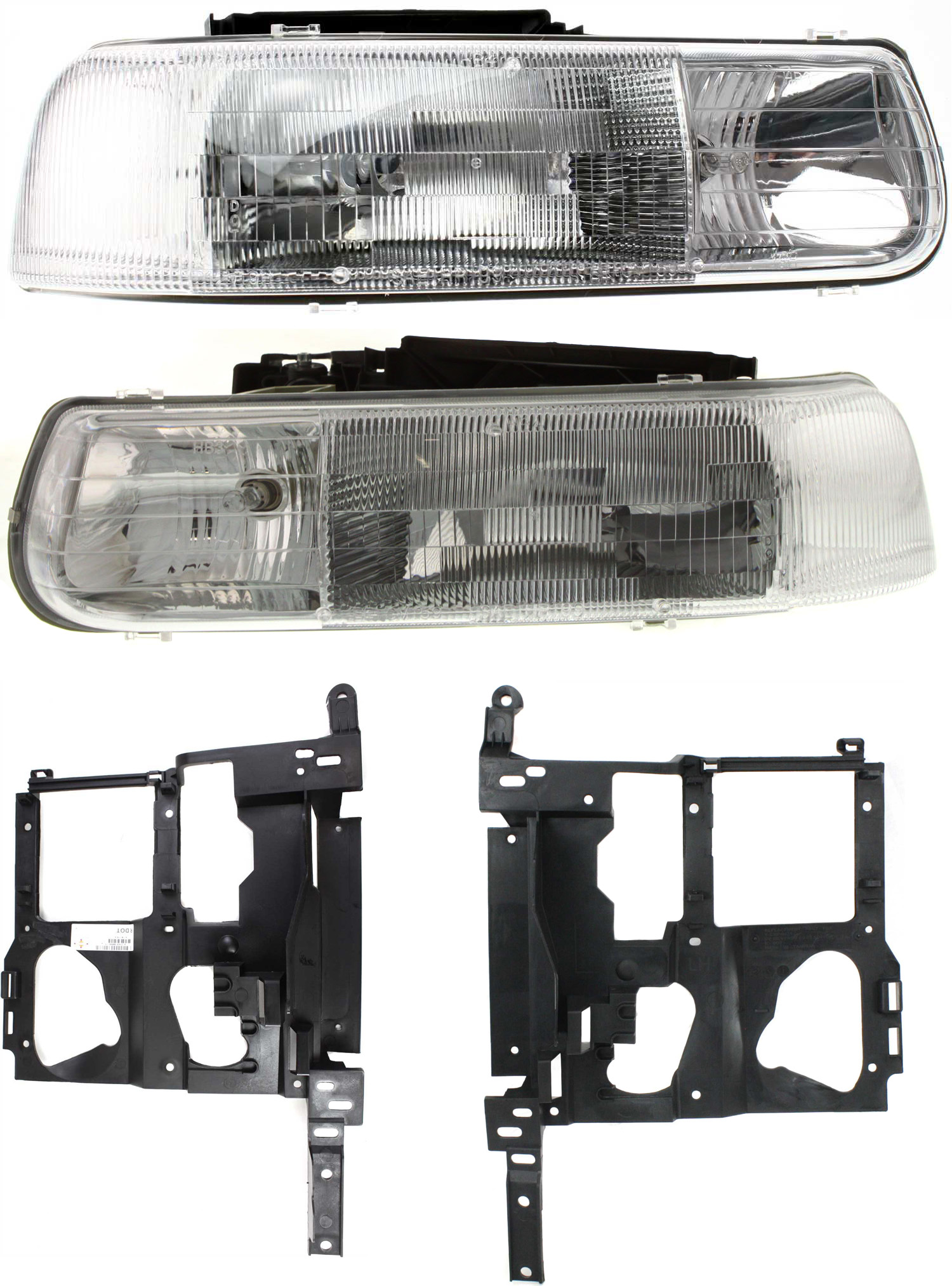 AM SILVERADO 1500-2500-99-02 TAHOE 00-06 HEAD LAMP RH AND LH Assembly Halogen 4 pc Kit with Headlight Brackets SKU KIT 111416-02 Partslink GM2503187 GM2502187 GM1221121 GM1221122 OEM 16526134-16526133-15798919-157