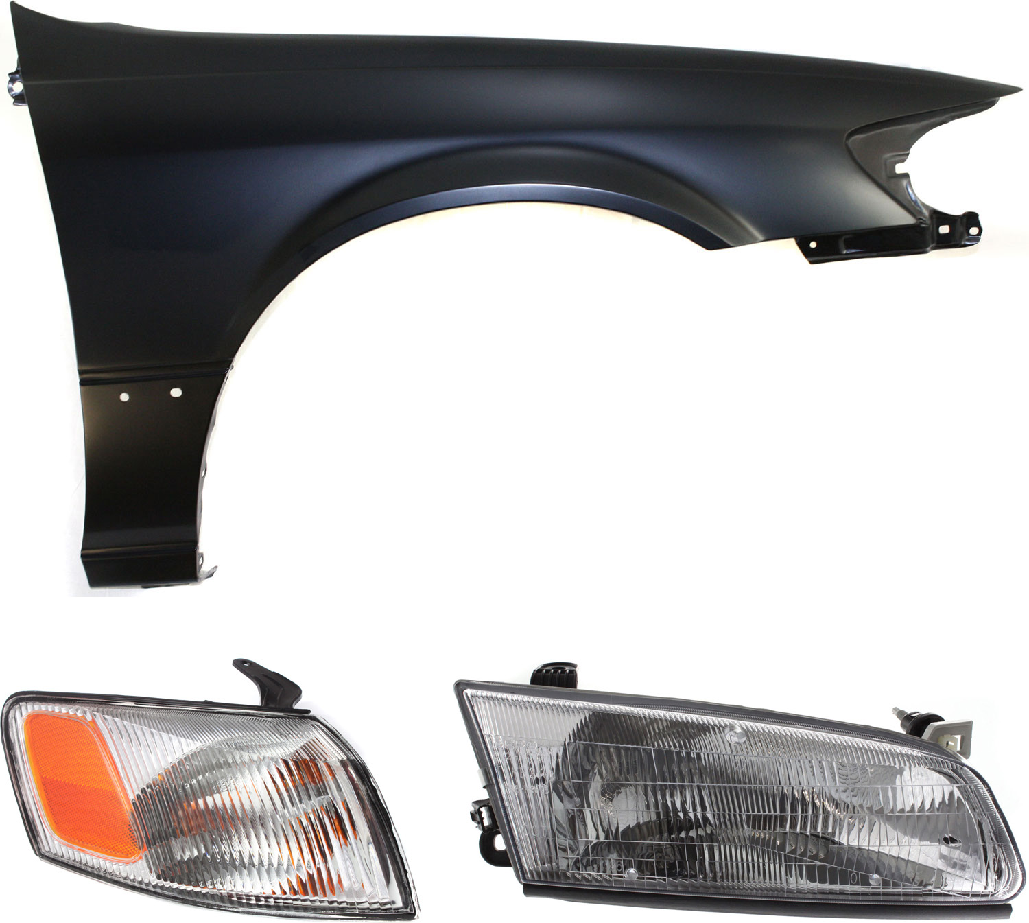 AM CAMRY 97-99 FRONT FENDER RH 3 pc Kit Includes Corner Light and Headlight SKU KIT 111416-14 Partslink TO1241162 TO2531126 TO2503117 OEM 53811AA020-81510AA010-81110AA0