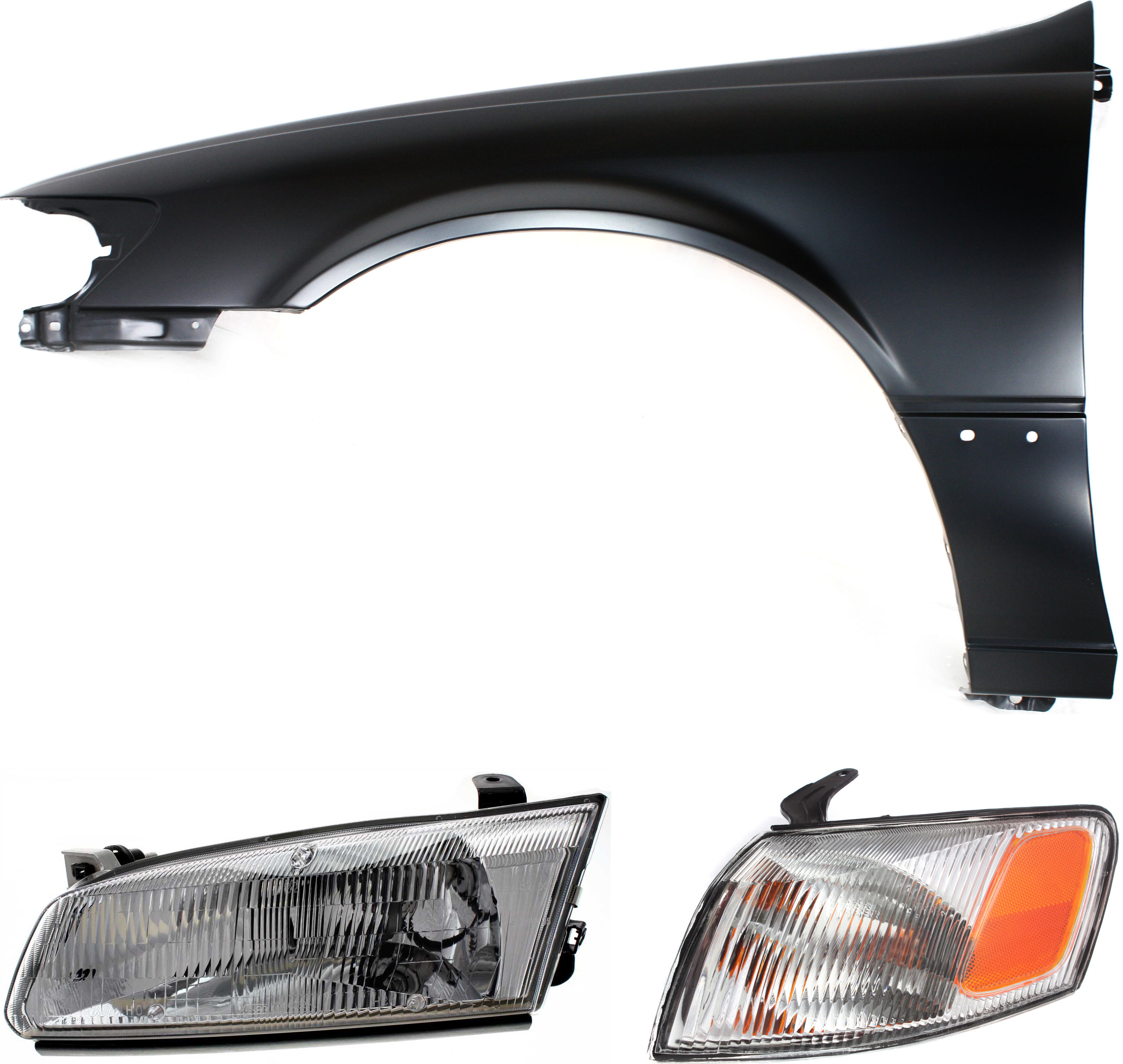 AM CAMRY 97-99 FRONT FENDER LH 3 pc Kit Primed with Corner Light and Headlight SKU KIT 111416-15 Partslink TO1240162 TO2530126 TO2502117 OEM 53812AA020-81520AA010-81150AA0