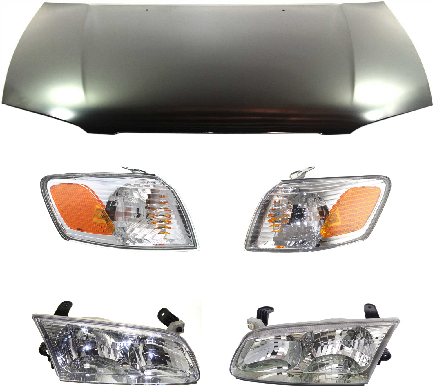 AM CAMRY 00-01 HOOD 5 pc Kit USA Built with Corner Lights and Headlights SKU KIT 111416-16 Partslink TO1230167 TO2530136 TO2531136 TO2502130 TO2503130 OEM 53301AA040-81520AA020-81510AA0