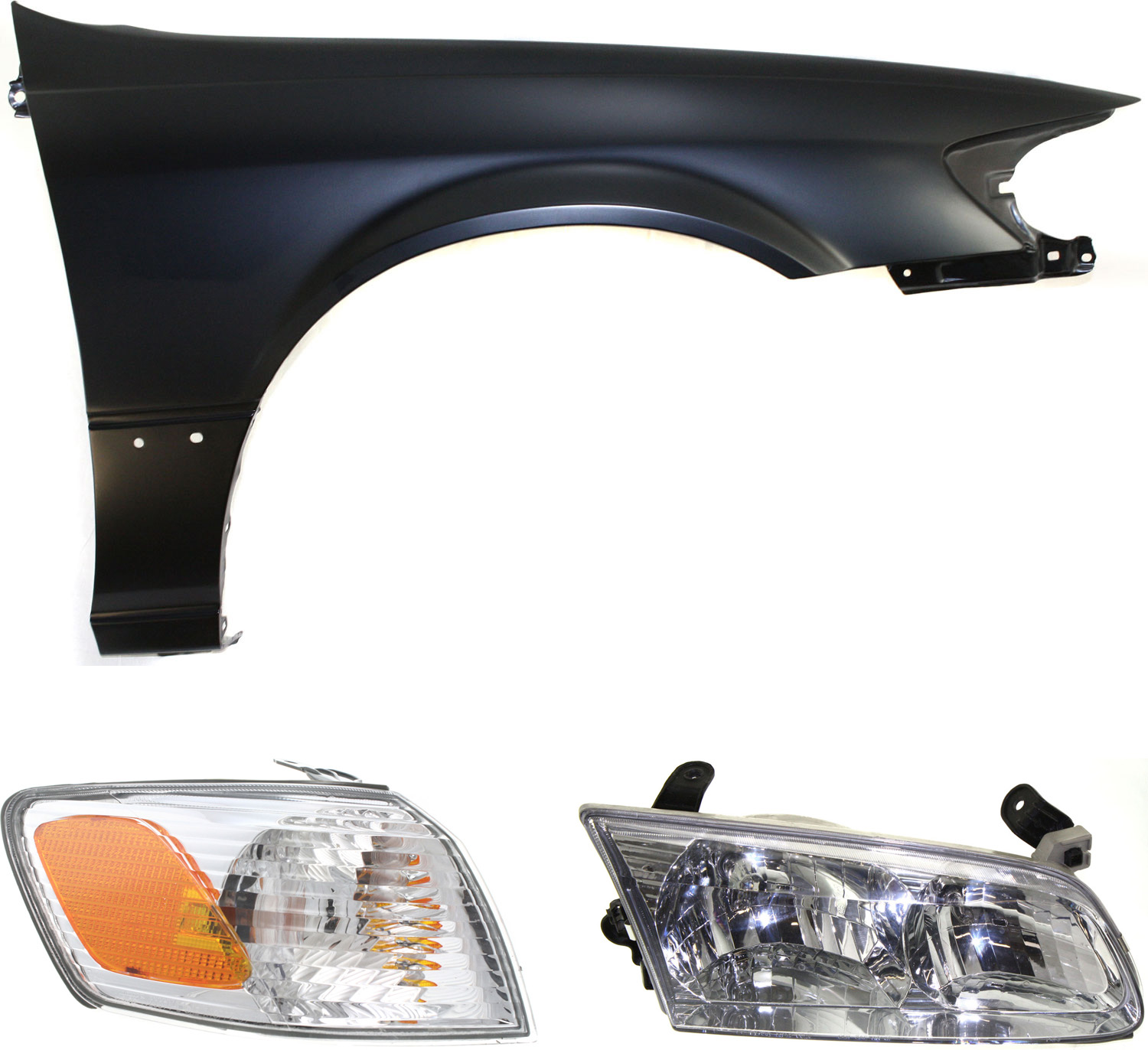 AM CAMRY 00-01 FRONT FENDER RH 3 pc kit with RH Corner Light and Headlight SKU KIT 111416-17 Partslink TO1241162 TO2531136 TO2503130 OEM 53811AA020-81510AA020-81110AA0
