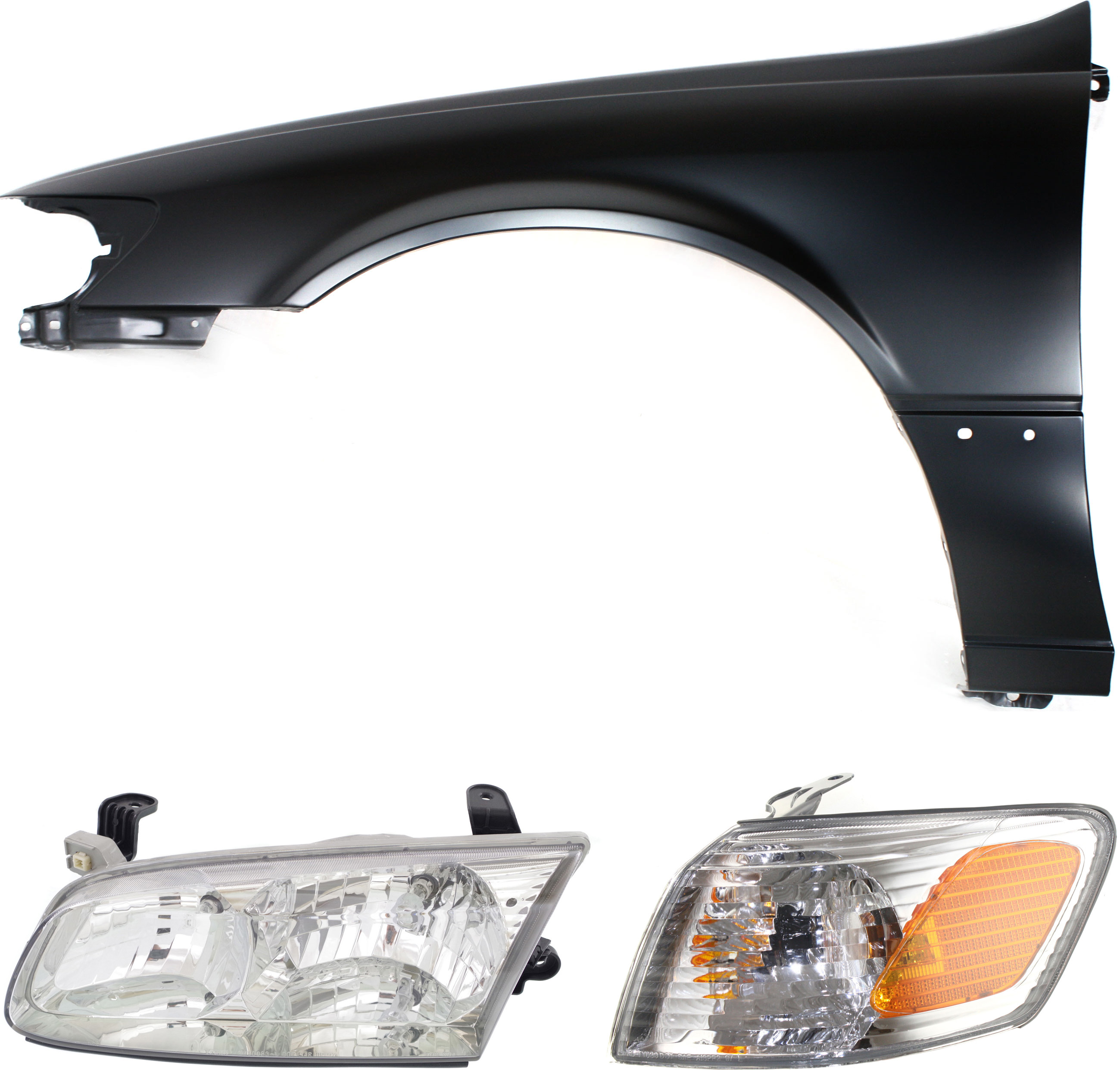 AM CAMRY 00-01 FRONT FENDER LH 3 pc kit with LH Corner Light and Headlight SKU KIT 111416-18 Partslink TO1240162 TO2530136 TO2502130 OEM 53812AA020-81520AA020-81150AA0