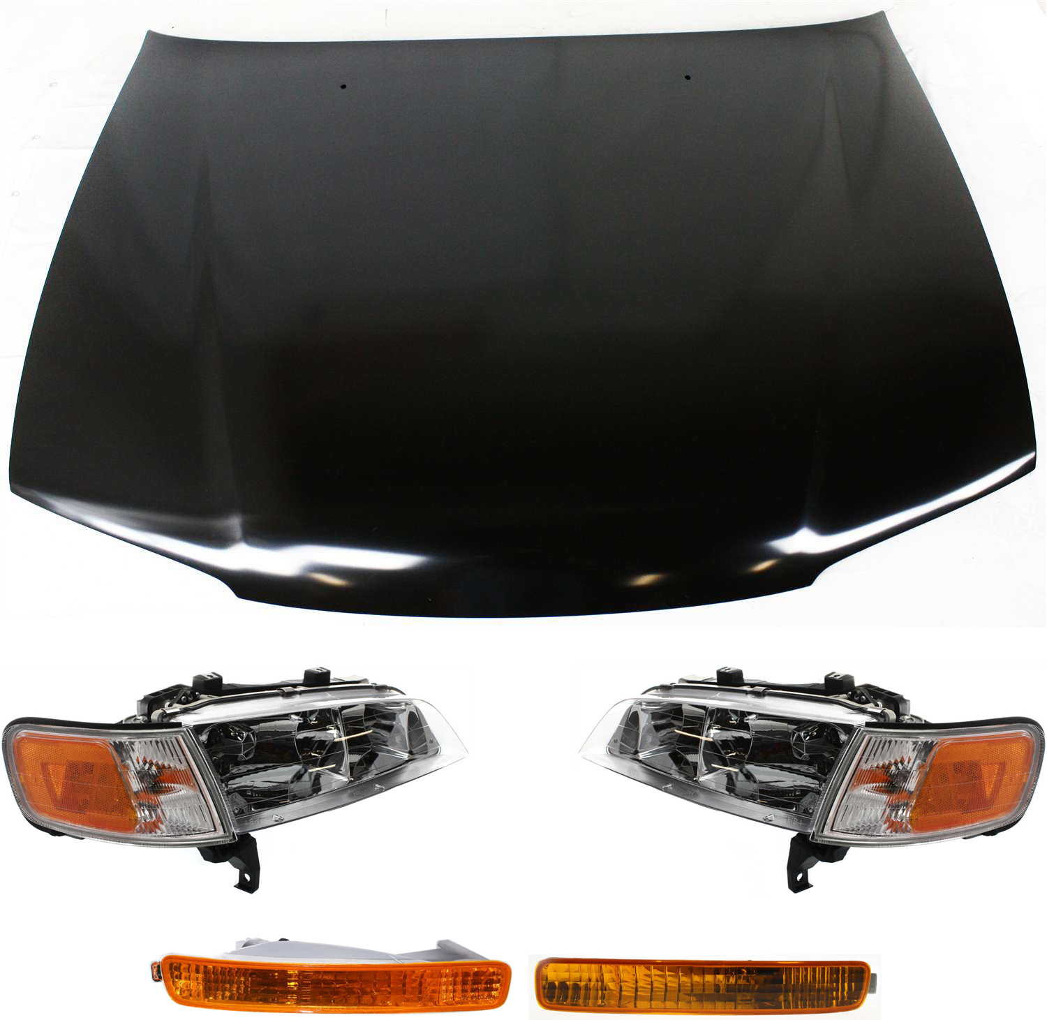 AM ACCORD 96-97 HOOD 5 pc Kit with Headlights and Turn Signal Lights SKU KIT 111416-34 Partslink HO1230126 HO2502106 HO2503106 HO2530116 HO2531116 OEM 60100SV4508ZZ 33150SV4A02-3310