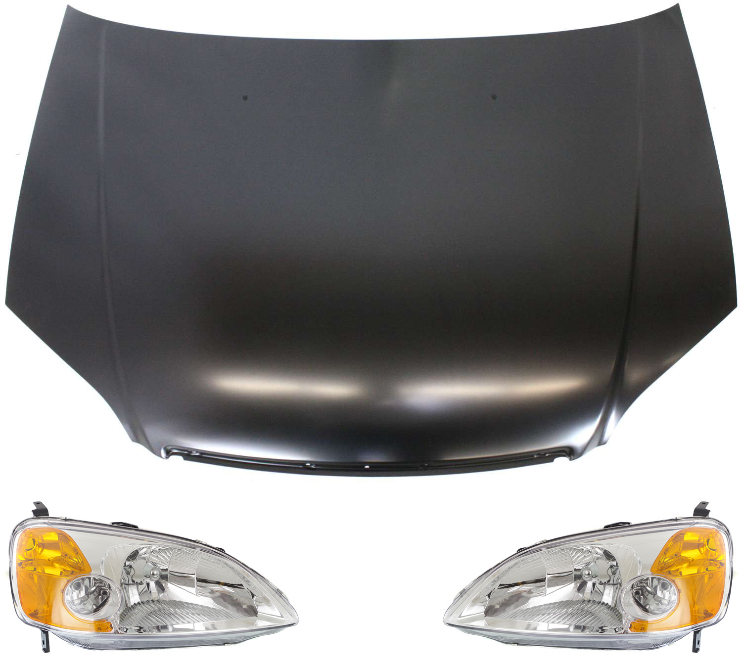 AM CIVIC 01-03 HOOD 3 pc Kit Coupe with Headlights SKU KIT 111416-39 Partslink HO1230134 HO2519102 HO2518102 OEM 60100S5DA90ZZ 33101S5PA01-3315
