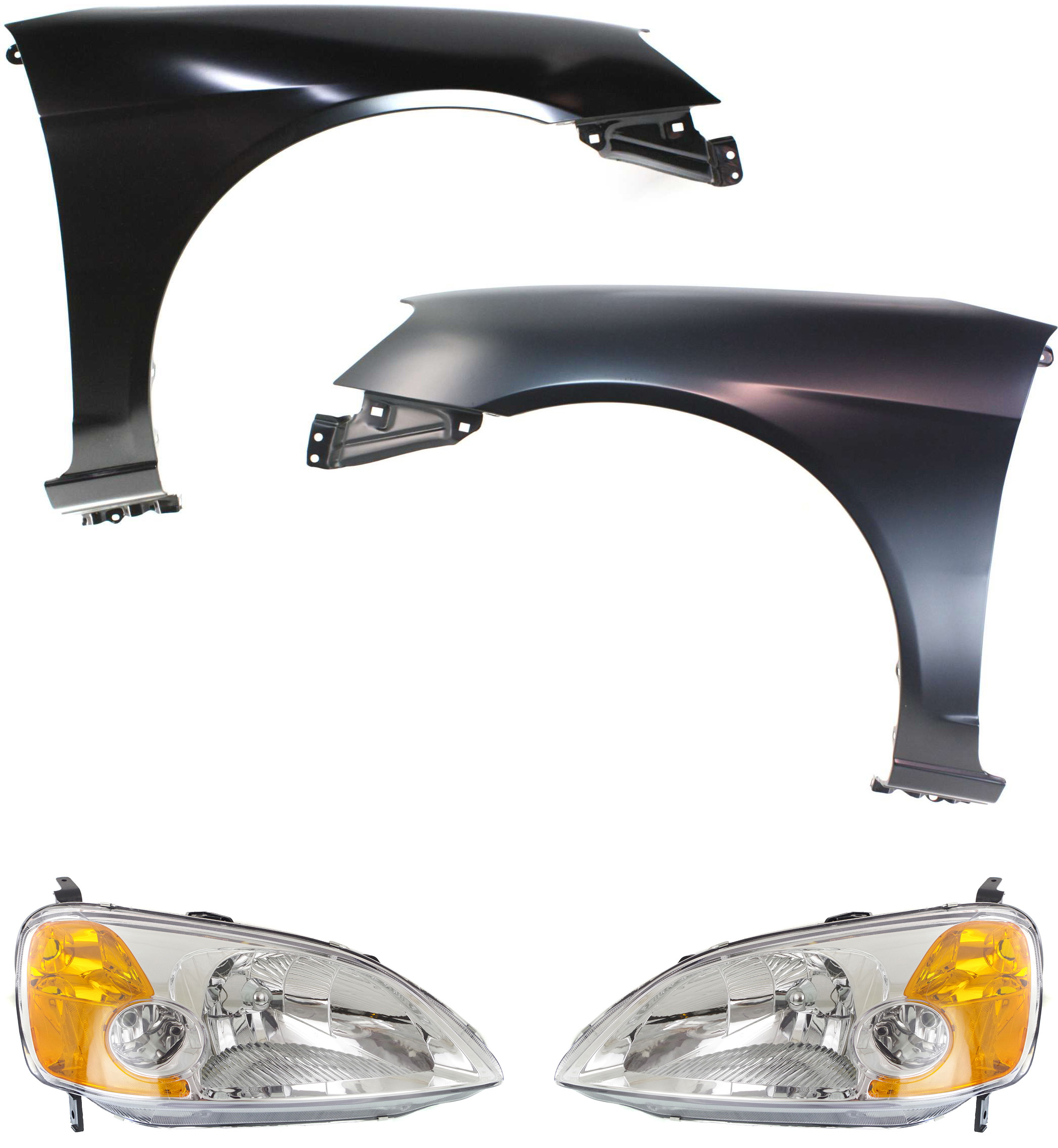 AM CIVIC 01-03 HEAD LAMP RH AND LH Lens and Housing Halogen 4 pc Kit with Fenders SKU KIT 111416-41 Partslink HO2518102 HO2519102 HO1240153 HO1241153 OEM 33151S5PA01-33101S5PA01-60261S