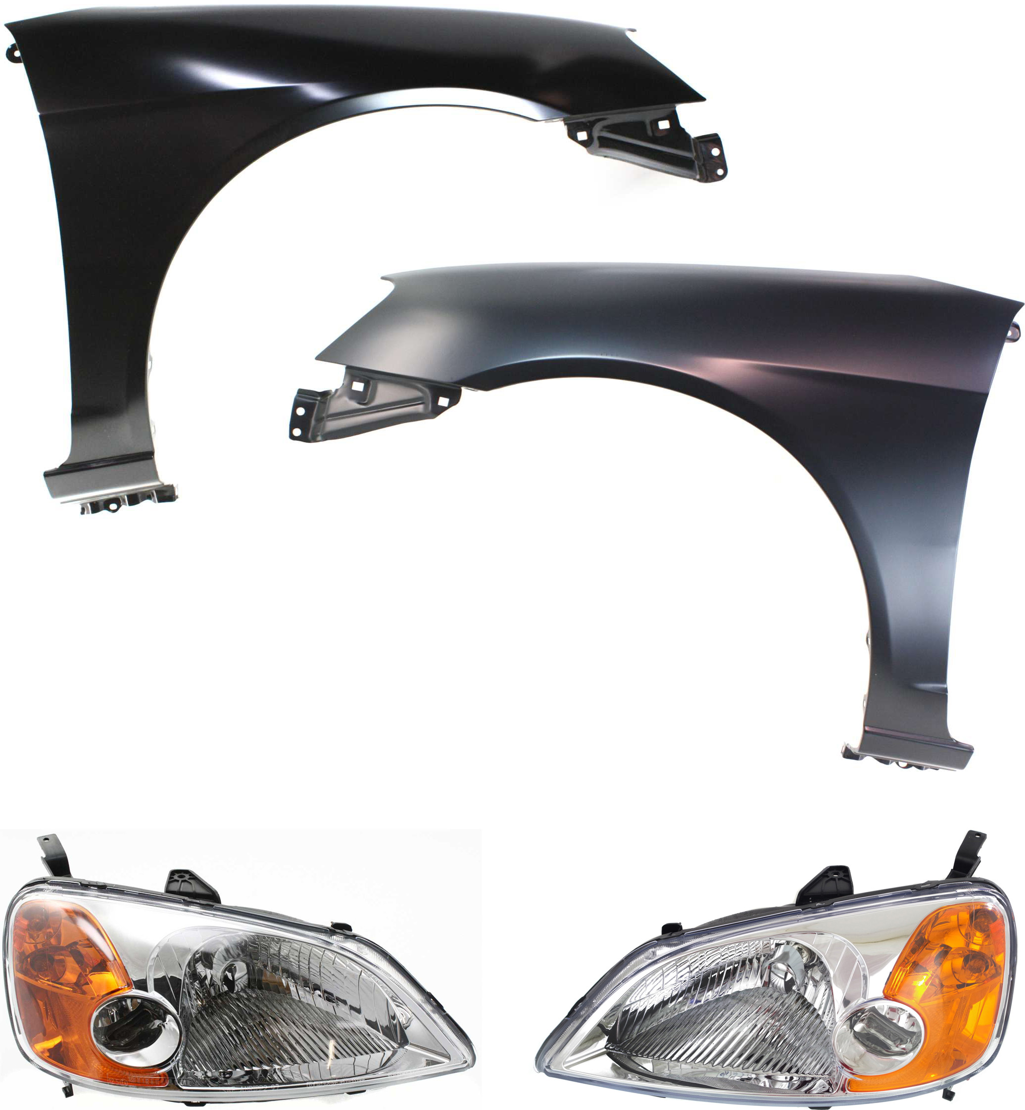 AM CIVIC 01-03 HEAD LAMP RH AND LH Assembly Halogen 4 pc Kit with Fenders SKU KIT 111416-42 Partslink HO1240153 HO1241153 OEM 33101S5AA01 PFM 33151S5AA01 PF