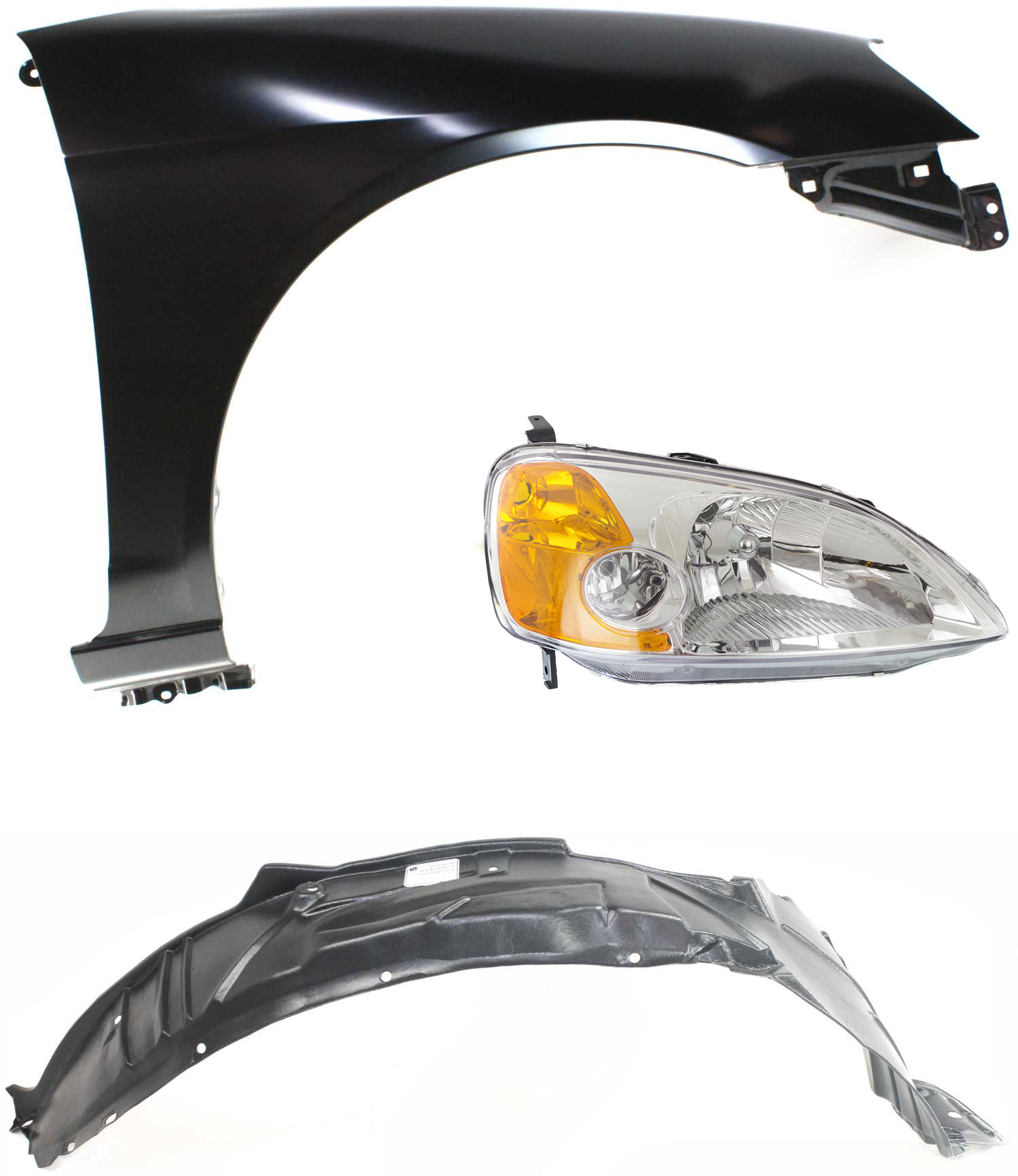 AM CIVIC 01-03 HEAD LAMP RH Lens and Housing Halogen 3 pc Kit with Fender and Fender Liner SKU KIT 111416-43 Partslink HO2519102 HO1241153 HO1249109 OEM 33101S5PA01-60211S5DA90ZZ 7410