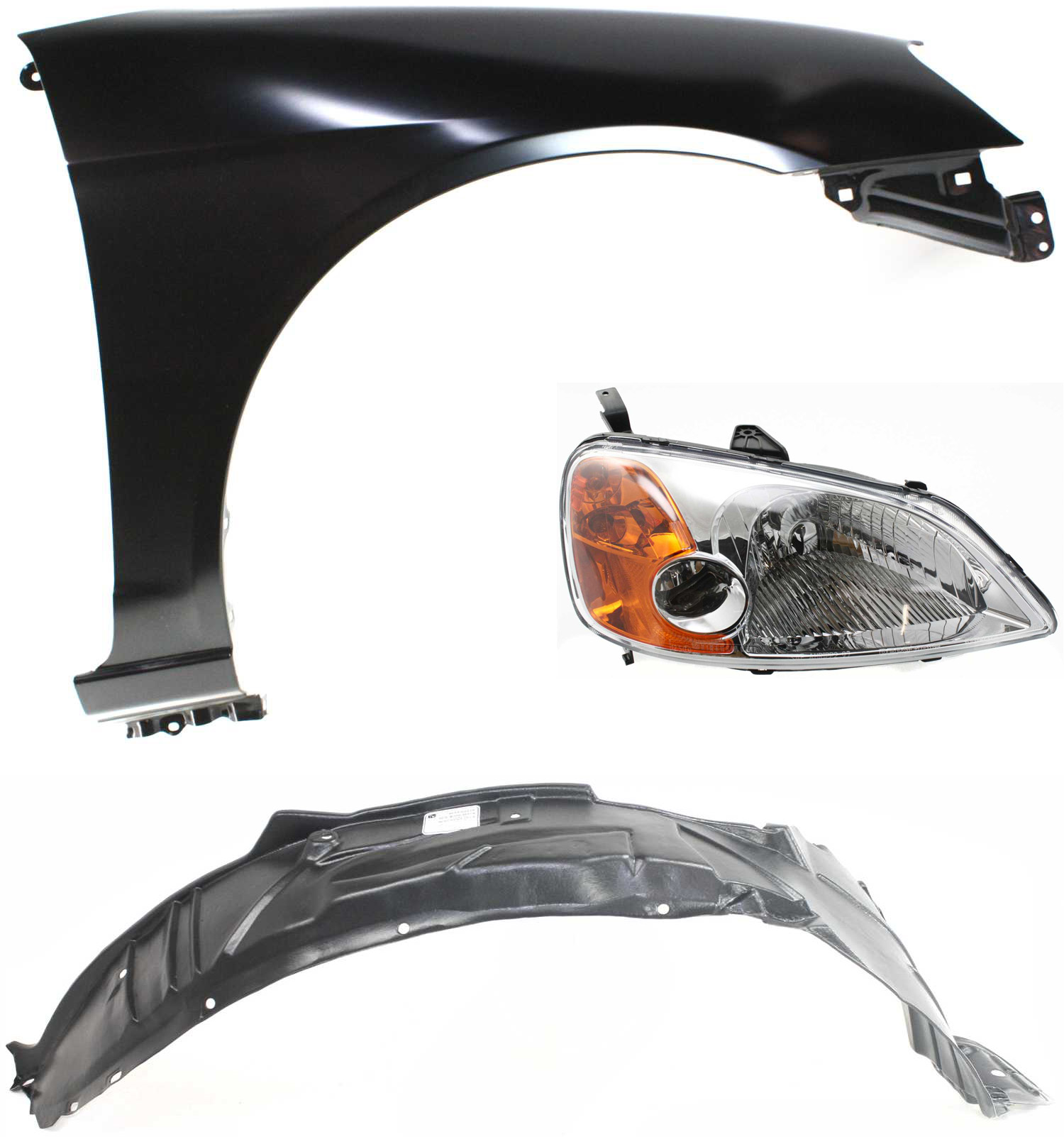 AM CIVIC 01-03 HEAD LAMP RH Assembly Halogen 3 pc Kit with Fender and Fender Liner SKU KIT 111416-44 Partslink HO1241153 HO1249109 OEM 33101S5AA01 PFM 60211S5DA90ZZ