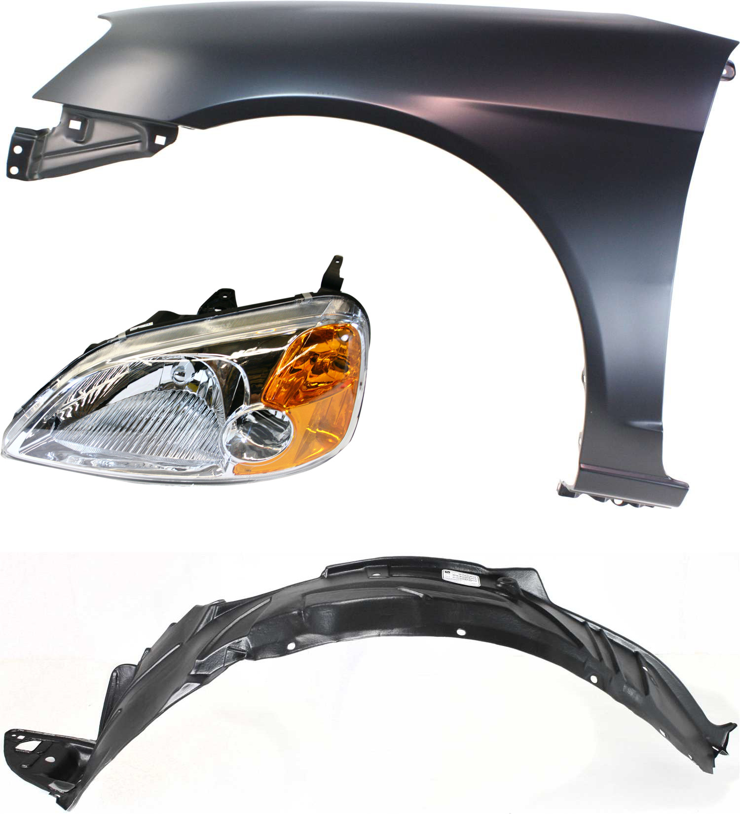 AM CIVIC 01-03 HEAD LAMP LH Lens and Housing Halogen 3 pc Kit with Fender and Fender Liner SKU KIT 111416-45 Partslink HO2518102 HO1240153 HO1248109 OEM 33151S5PA01-60261S5DA90ZZ 7415