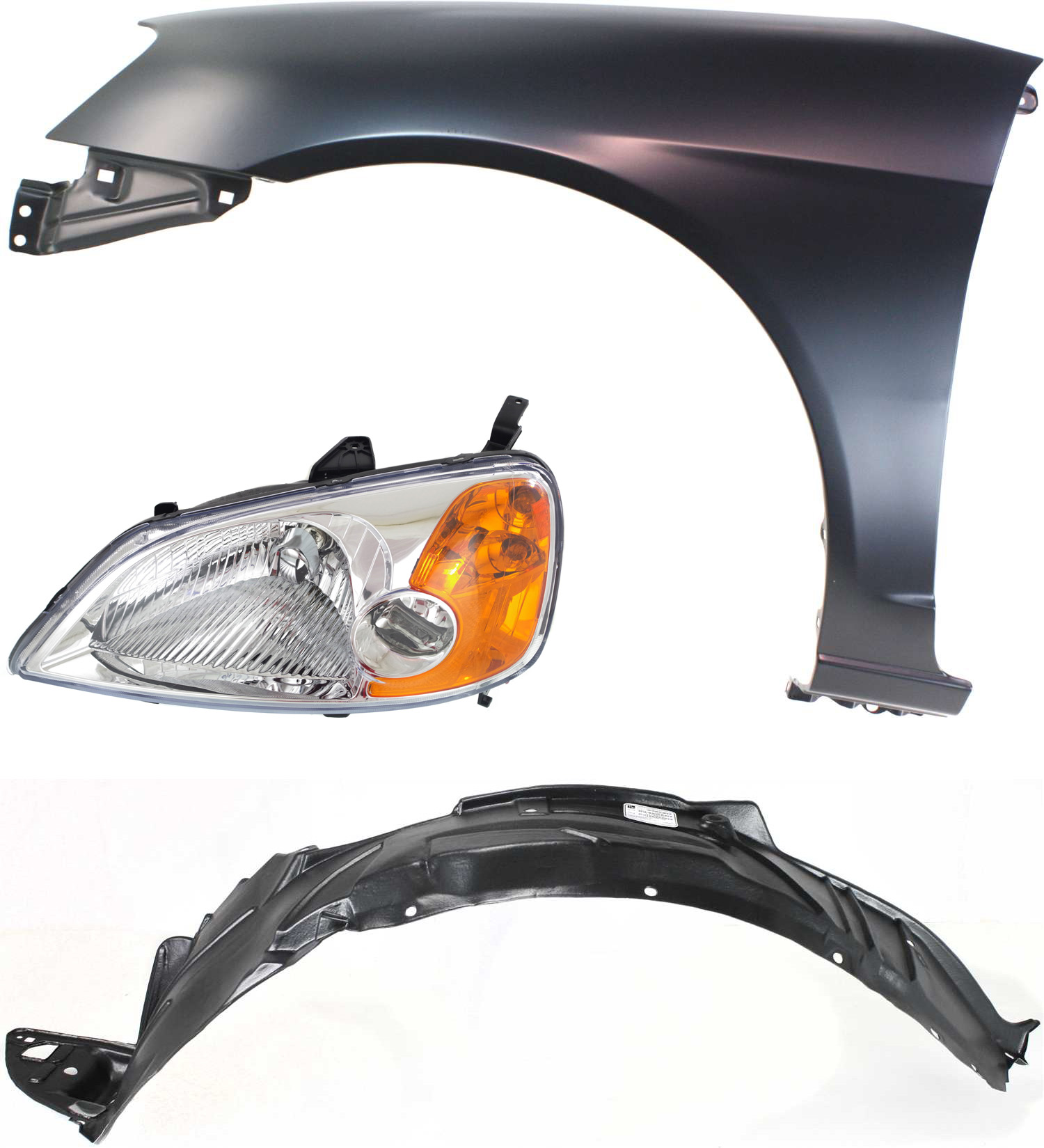 AM CIVIC 01-03 HEAD LAMP LH Assembly Halogen 3 pc Kit with Fender and Fender Liner SKU KIT 111416-46 Partslink HO1240153 HO1248109 OEM 33151S5AA01 PFM 60261S5DA90ZZ