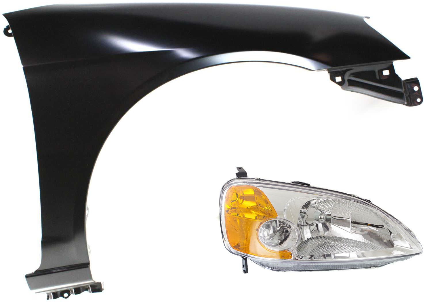 AM CIVIC 01-03 HEAD LAMP RH Lens and Housing Halogen 2 pc Kit with Fender SKU KIT 111416-47 Partslink HO2519102 HO1241153 OEM 33101S5PA01-60211S5DA90ZZ