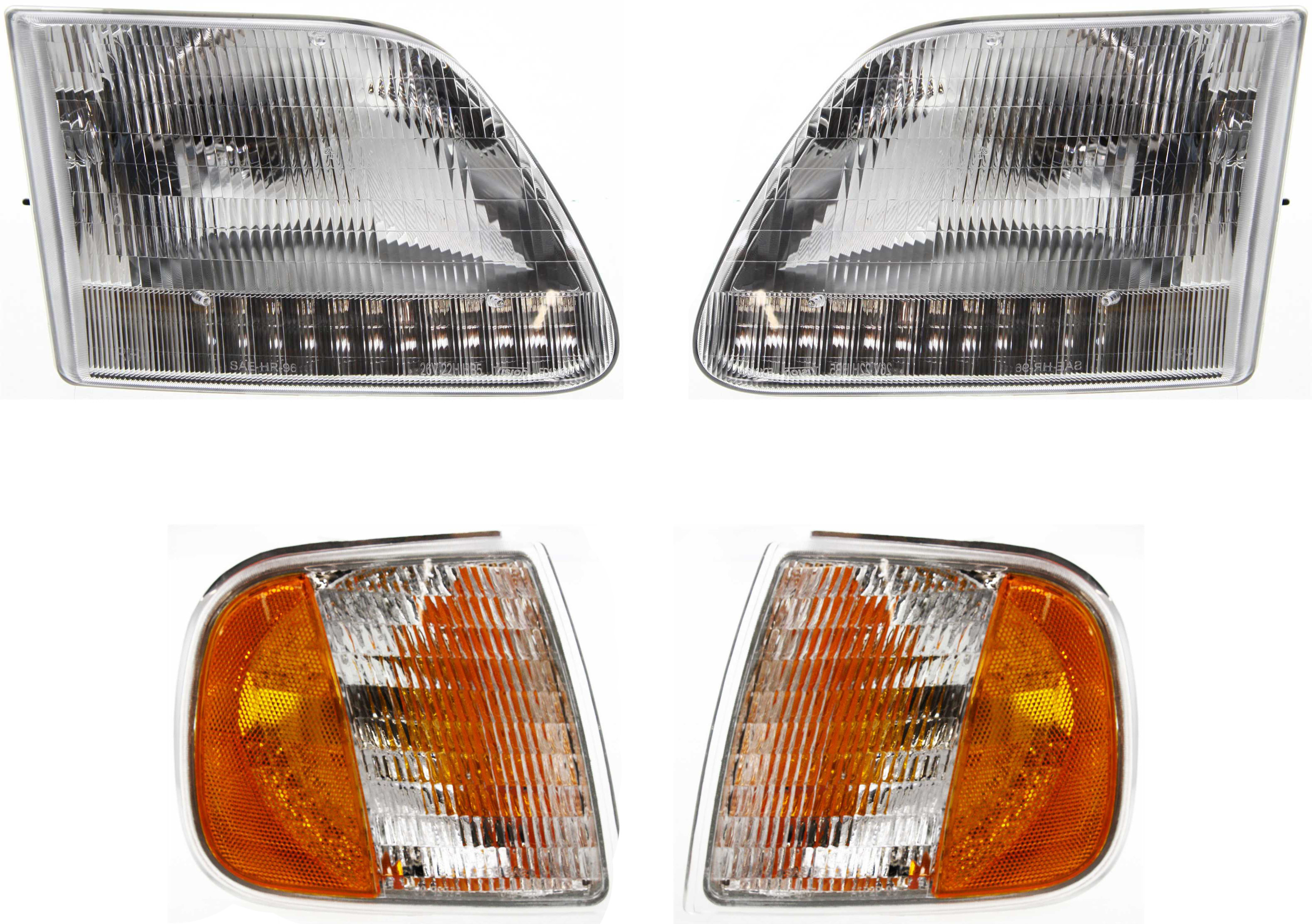 AM F 150-97-03 HEAD LAMP RH AND LH with Bulbs 4 pc Kit with Corner Lights SKU KIT 111416-51 Partslink FO2503139 FO2502139 FO2550118 FO2551118 OEM 3L3Z13008CA 3L3Z13008DA F75Z13