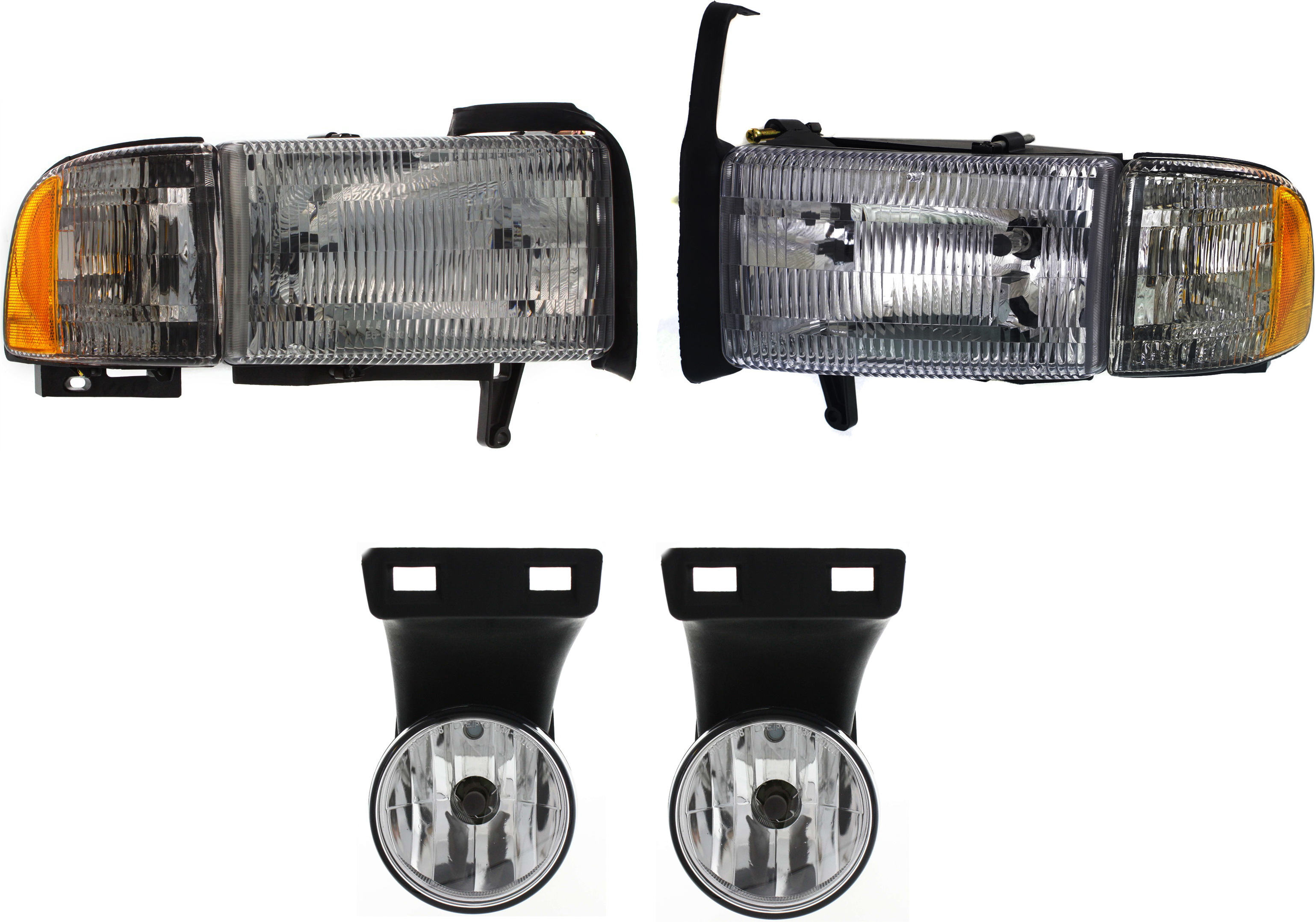 AM RAM FULL SIZE P U 99-02 HEAD LAMP RH AND LH with Bulbs 4 pc Kit with Fog Lights SKU KIT 111418-04 Partslink CH2503101 CH2502101 CH2592120 CH2593120 OEM 55076748AD 55076748AO 55076749