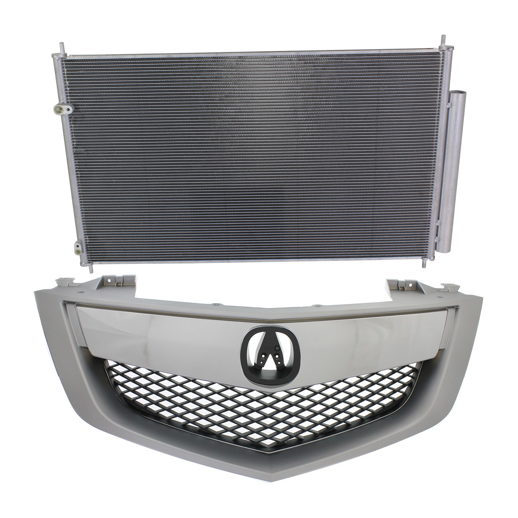 AM MDX 10-13 GRILLE 2 pc kit Painted Silver Shell and Insert with Upper Bar with A C Condenser SKU KIT 111423-08 Partslink AC1200118 AC3030122 OEM 75100STXA02-80110STXA01