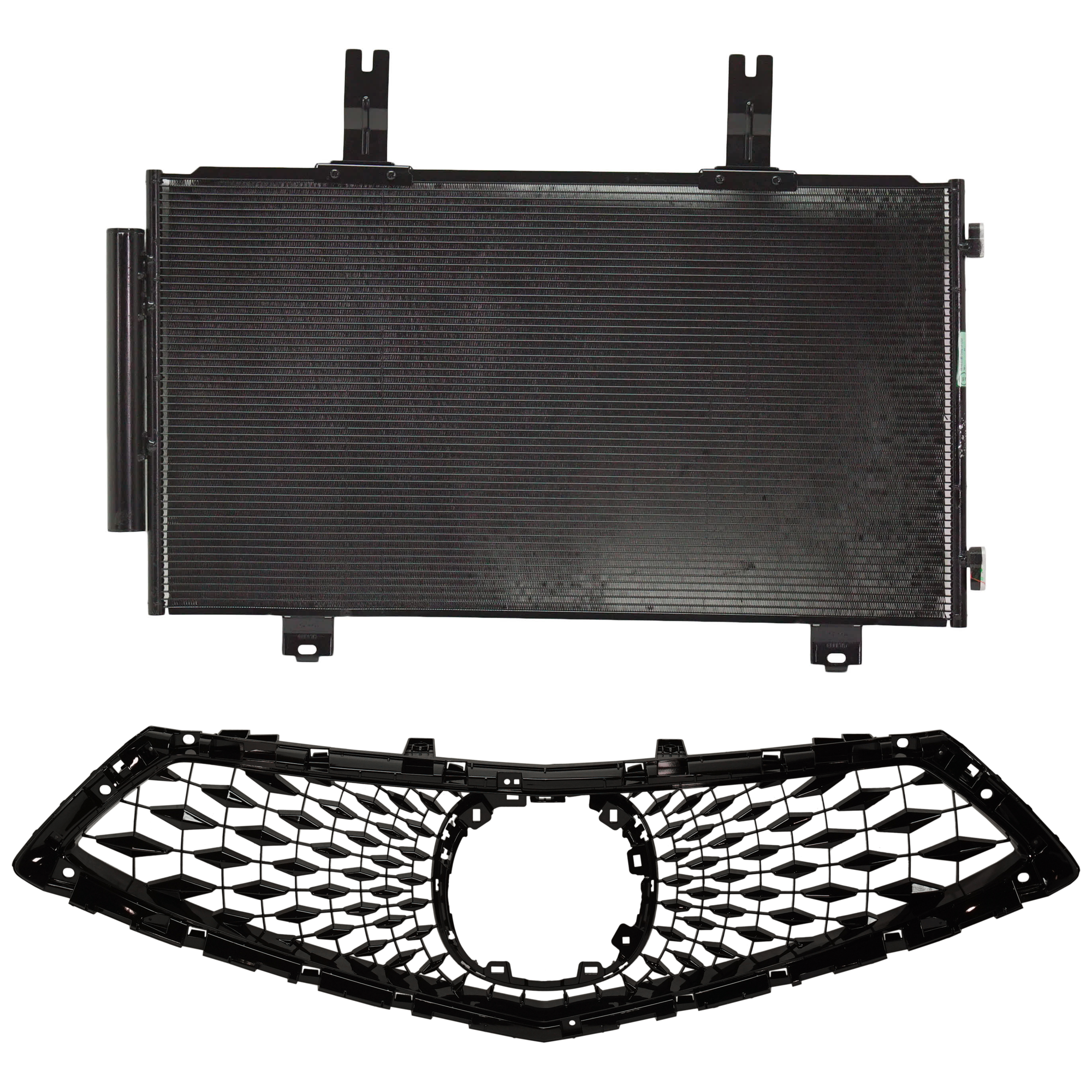 AM RDX 19-21 GRILLE 2 pc kit Painted Black with A C Condenser CAPA SKU KIT 111423-21 Partslink AC1200132C AC3030134 OEM 71121TJBA00-80100TJBA01