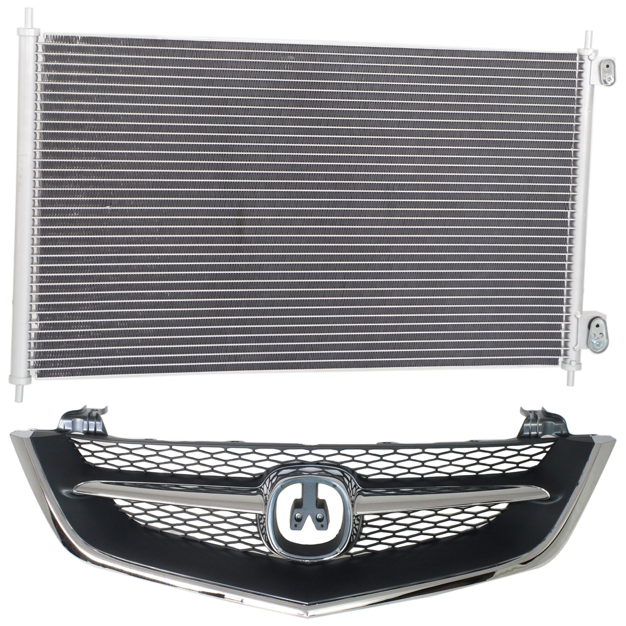 AM TL 02-03 GRILLE 2 pc kit Chrome Shell Painted Black Insert with Chrome Center Bar with A C Condenser SKU KIT 111423-25 Partslink AC1200107 HO3030102 OEM 75101S0KA02-80100S87A00