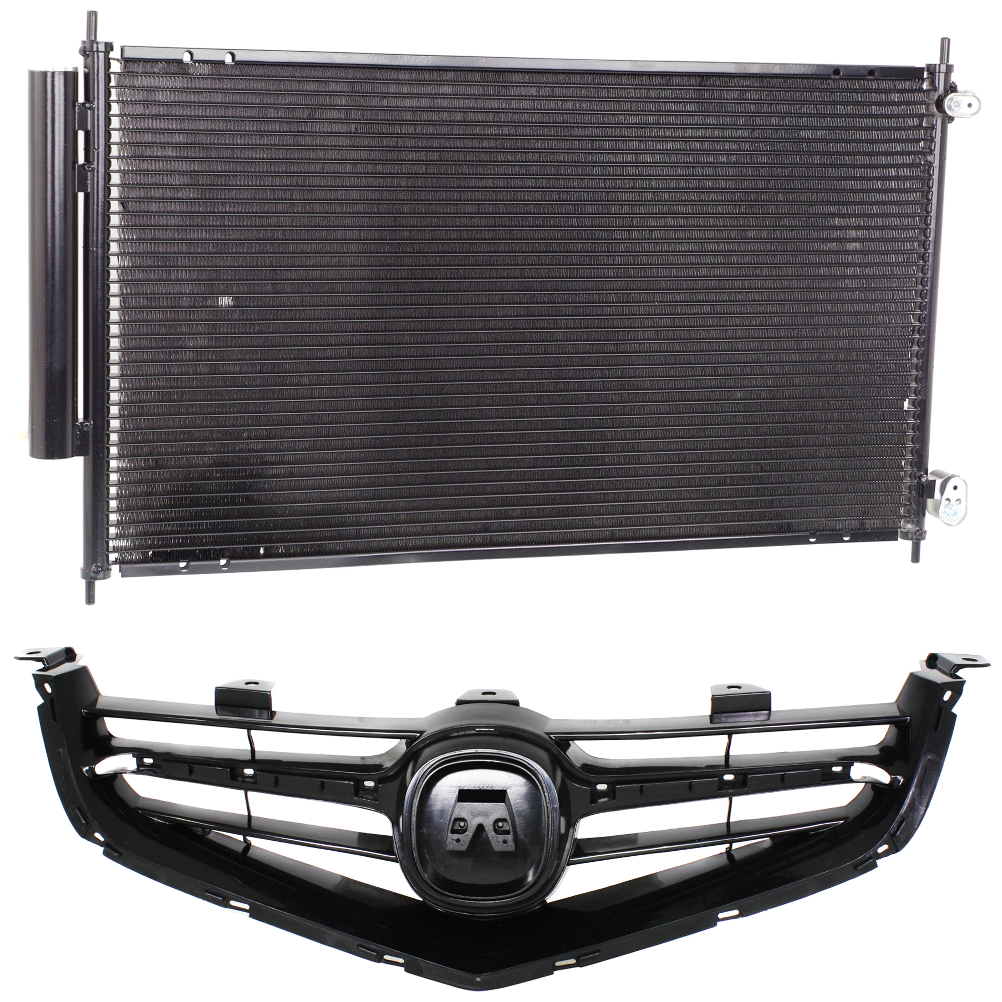 AM TSX 04-05 GRILLE 2 pc kit Painted Black Shell and Insert with A C Condenser SKU KIT 111423-36 Partslink AC1200110 AC3030119 OEM 71121SECA01ZA 80110SEA013