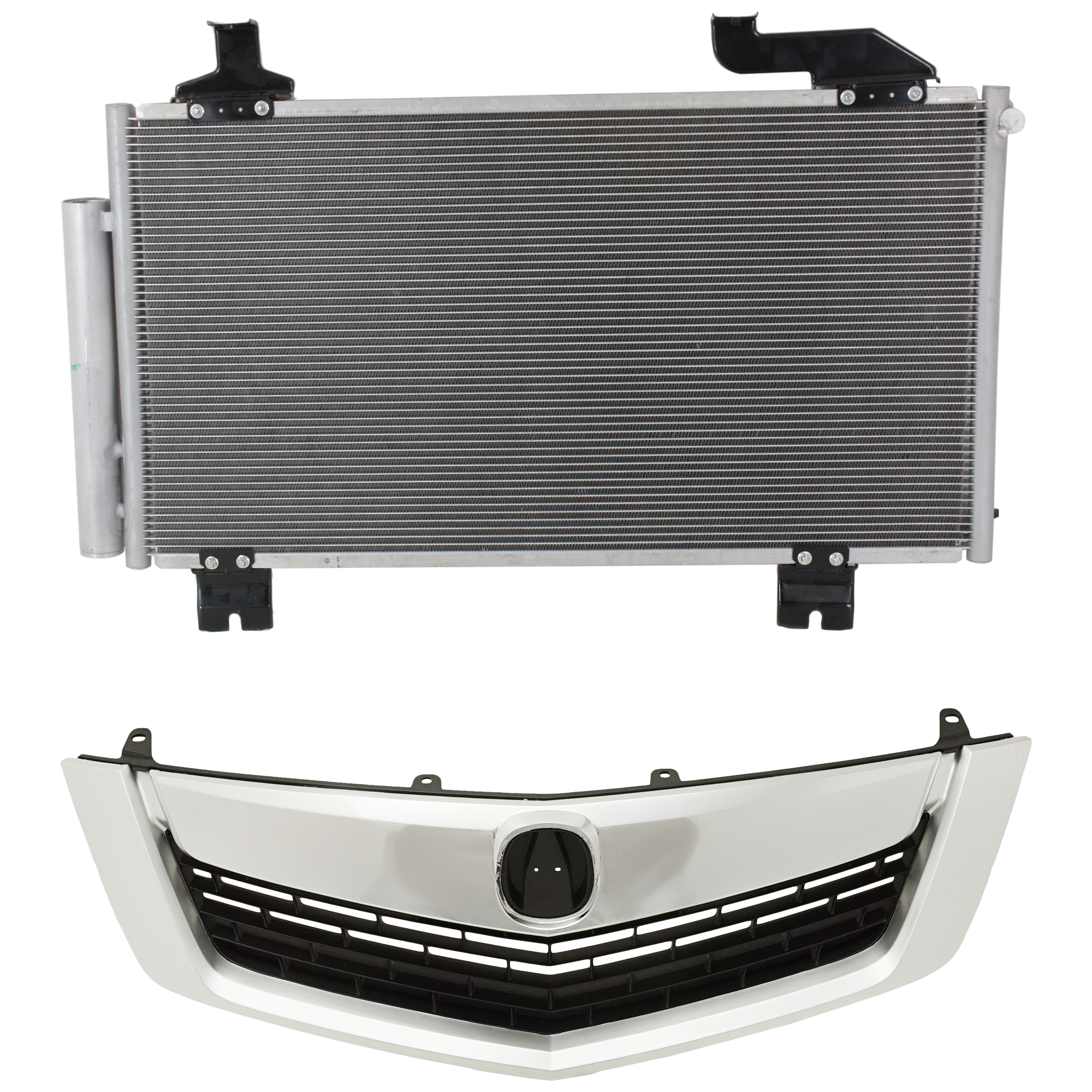 AM TSX 09-10 GRILLE 2 pc kit Primed with Chrome Upper and Lower Molding with A C Condenser SKU KIT 111423-38 Partslink AC1200113 AC1216100 AC1217101 AC3030125 OEM 71121TL2A00 PFM 71122TL2305-71