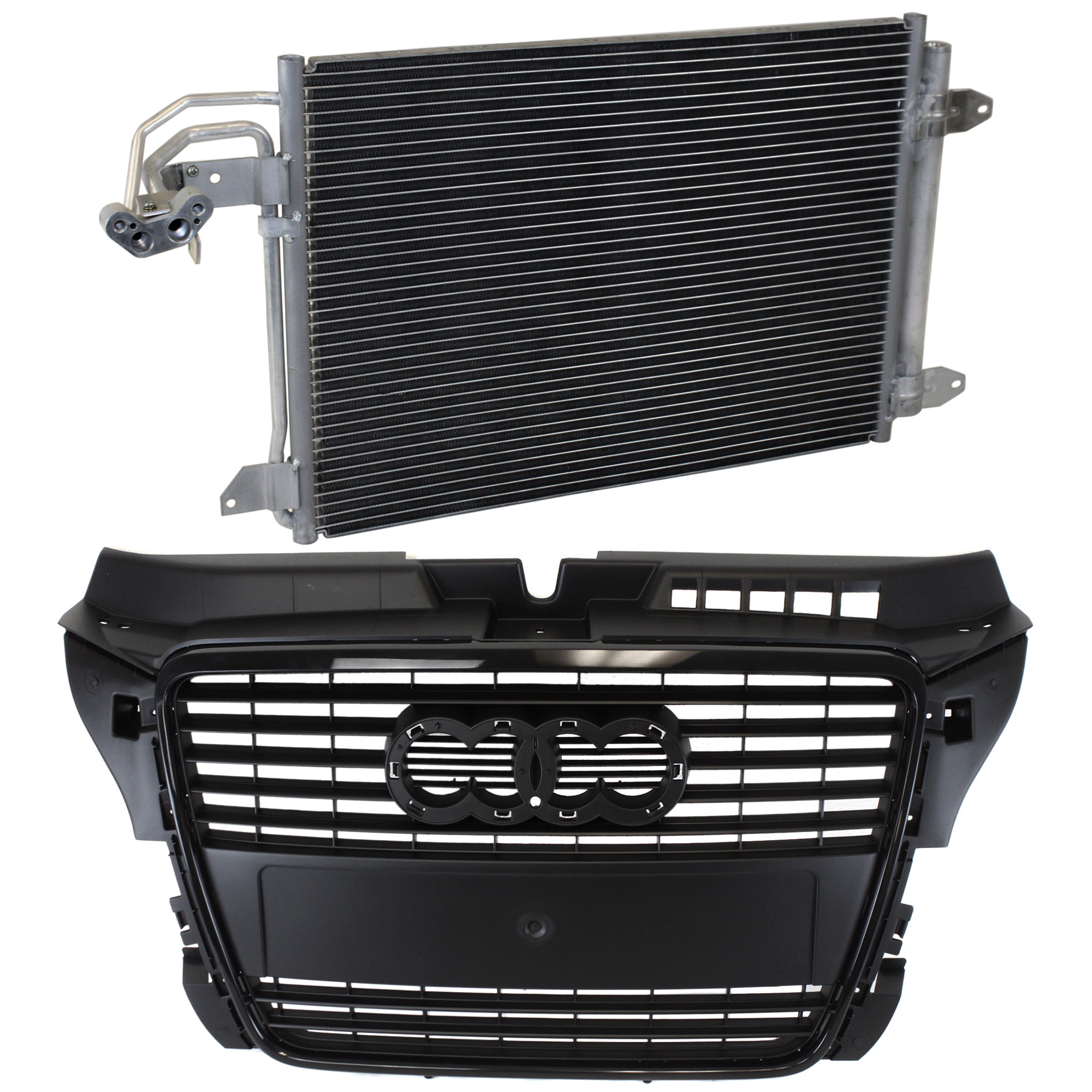 AM AUDI A3 A3 QUATTRO 09-13 GRILLE 2 pc kit Primed Shell and Insert with A C Condenser SKU KIT 111423-41 Partslink AU1200119 AU3030129 OEM 8P0853651HVMZ 1K0820411Q