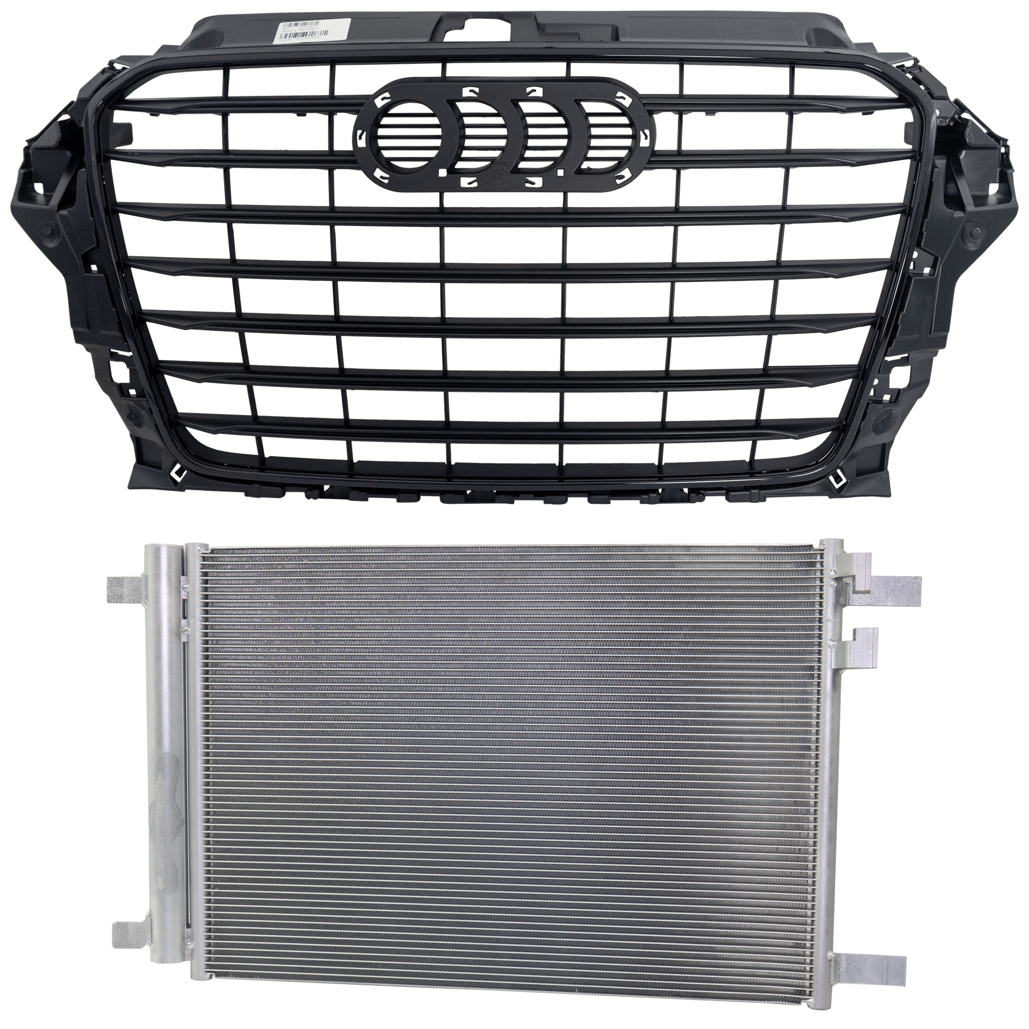 AM AUDI A3-15-16 GRILLE 2 pc kit Black Shell and Insert with Black Molding with A C Condenser SKU KIT 111423-42 Partslink AU1200135 AU3030137 OEM 8V5853651BCKA 5Q0816411BF