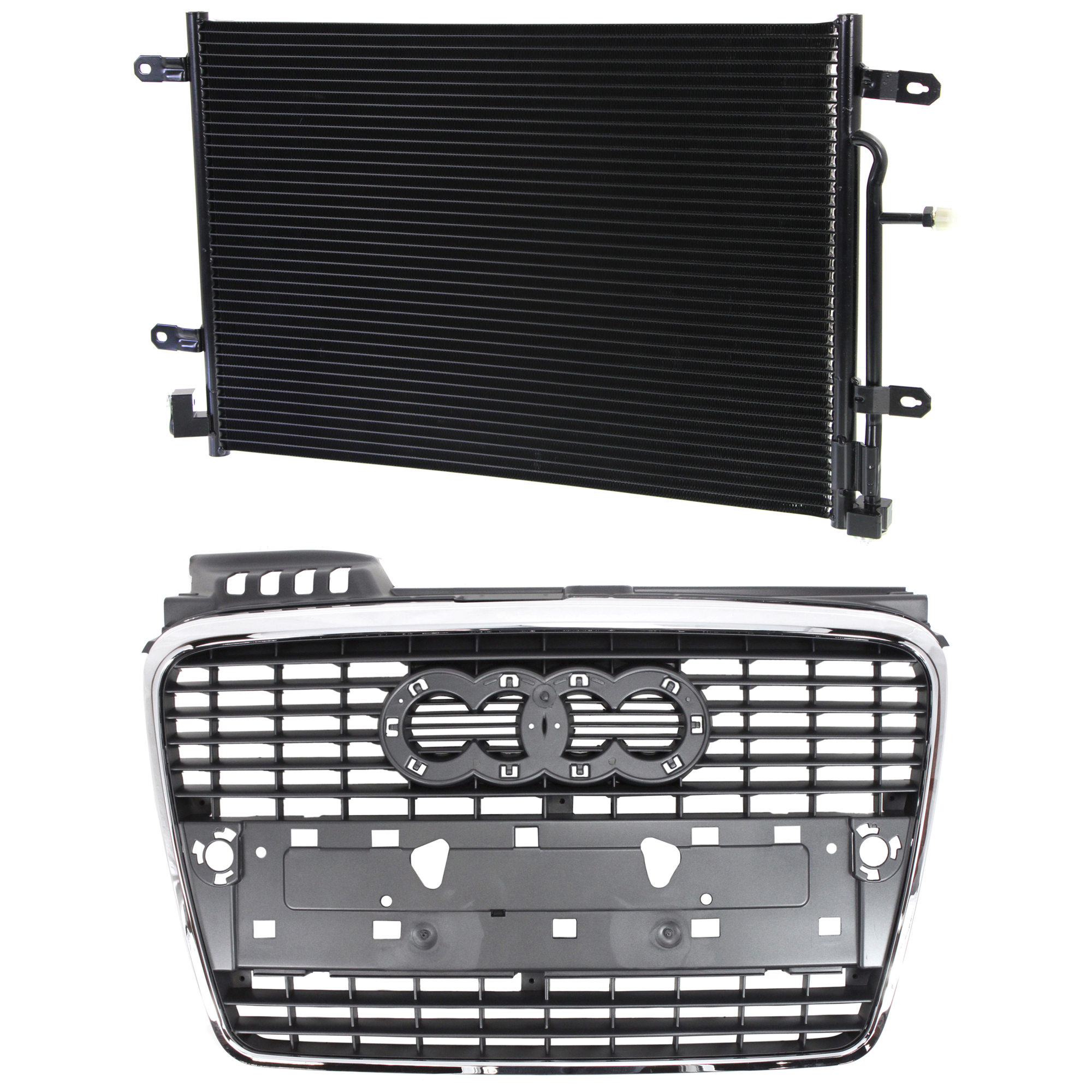 AM AUDI A4 A4 QUATTRO 05-09 S4-06-07 GRILLE 2 pc kit Gray w Chrome Molding with A C Condenser SKU KIT 111423-48 Partslink AU1200112 AU3030127 OEM 8E0853651J1QP 8E0260403T