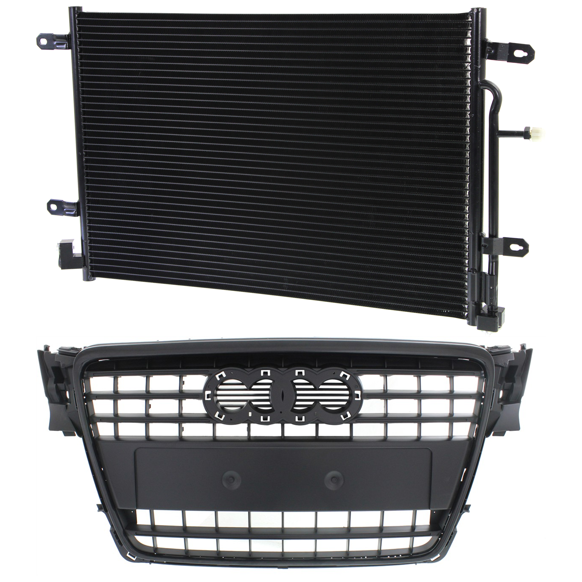 AM AUDI A4-09-09 GRILLE 2 pc kit Primed Shell and Insert with A C Condenser SKU KIT 111423-57 Partslink AU1200117 AU3030127 OEM 8K0853651VMZ 8E0260403T