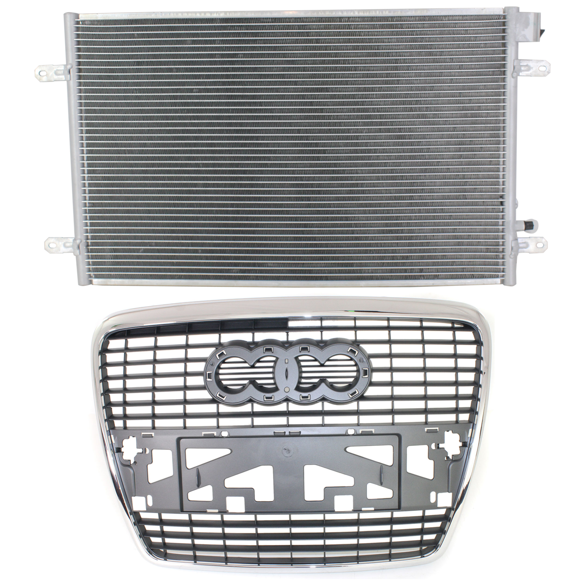 AM AUDI A6 QUATTRO 05-08 A6-06-08 GRILLE 2 pc kit Chrome Shell Painted Silver Black Insert with A C Condenser SKU KIT 111423-61 Partslink AU1200111 AU3030130 OEM 4F08536511QP 4F0260403P