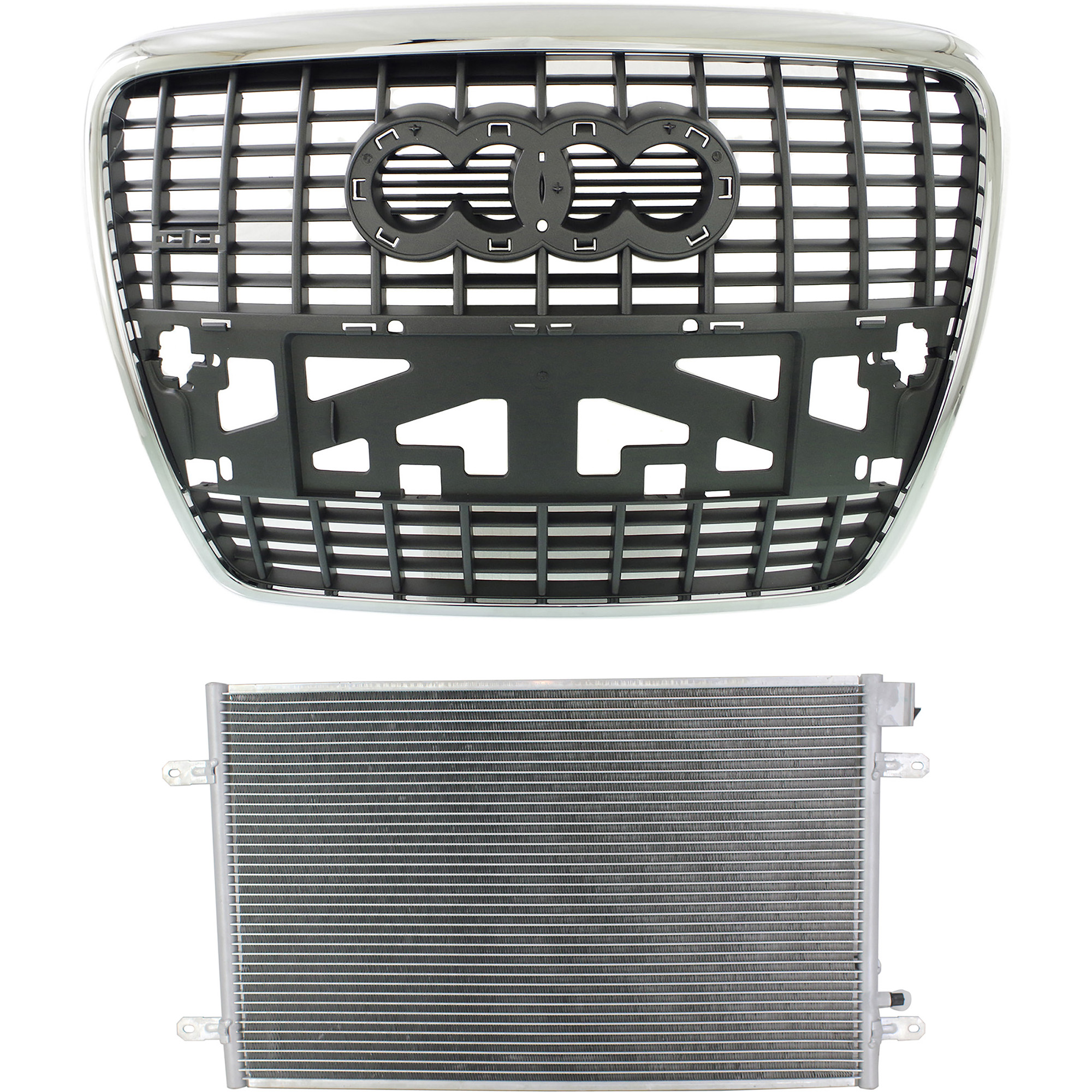 AM AUDI A6 QUATTRO 05-08 A6-06-08 GRILLE 2 pc kit Silver Black with Chrome Molding with A C Condenser SKU KIT 111423-63 Partslink AU1200131 AU3030130 OEM 4F0853651L1QP 4F0260403P