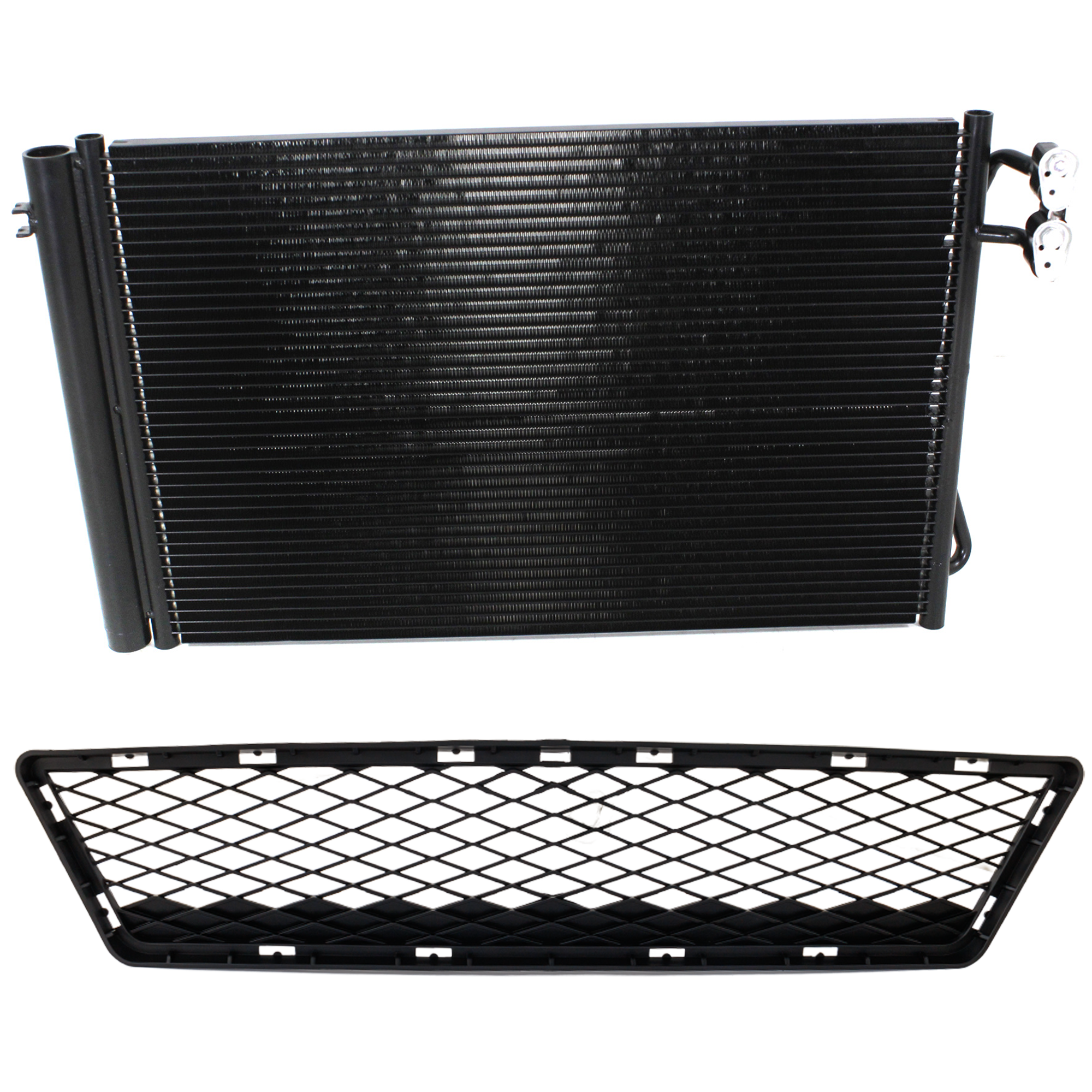 AM 328I 07-10-328I XDRIVE 09-10 BUMPER GRILLE Center 2 pc kit Primed with A C Condenser SKU KIT 111423-83 Partslink BM1036123 BM3030124 OEM 51117154714-51117128234-645392