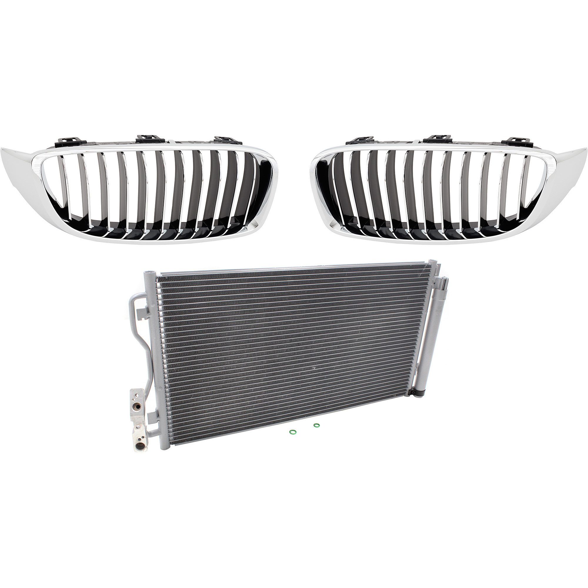 AM 428I 428I XDRIVE 435I 14-16 GRILLE RH AND LH 3 pc kit Chrome Shell with Textured Black with Chrome Molding with A C Condenser SKU KIT 111423-92 Partslink BM1200261 BM1200262 BM3030133 OEM 51135A3D023-51137294816-645068