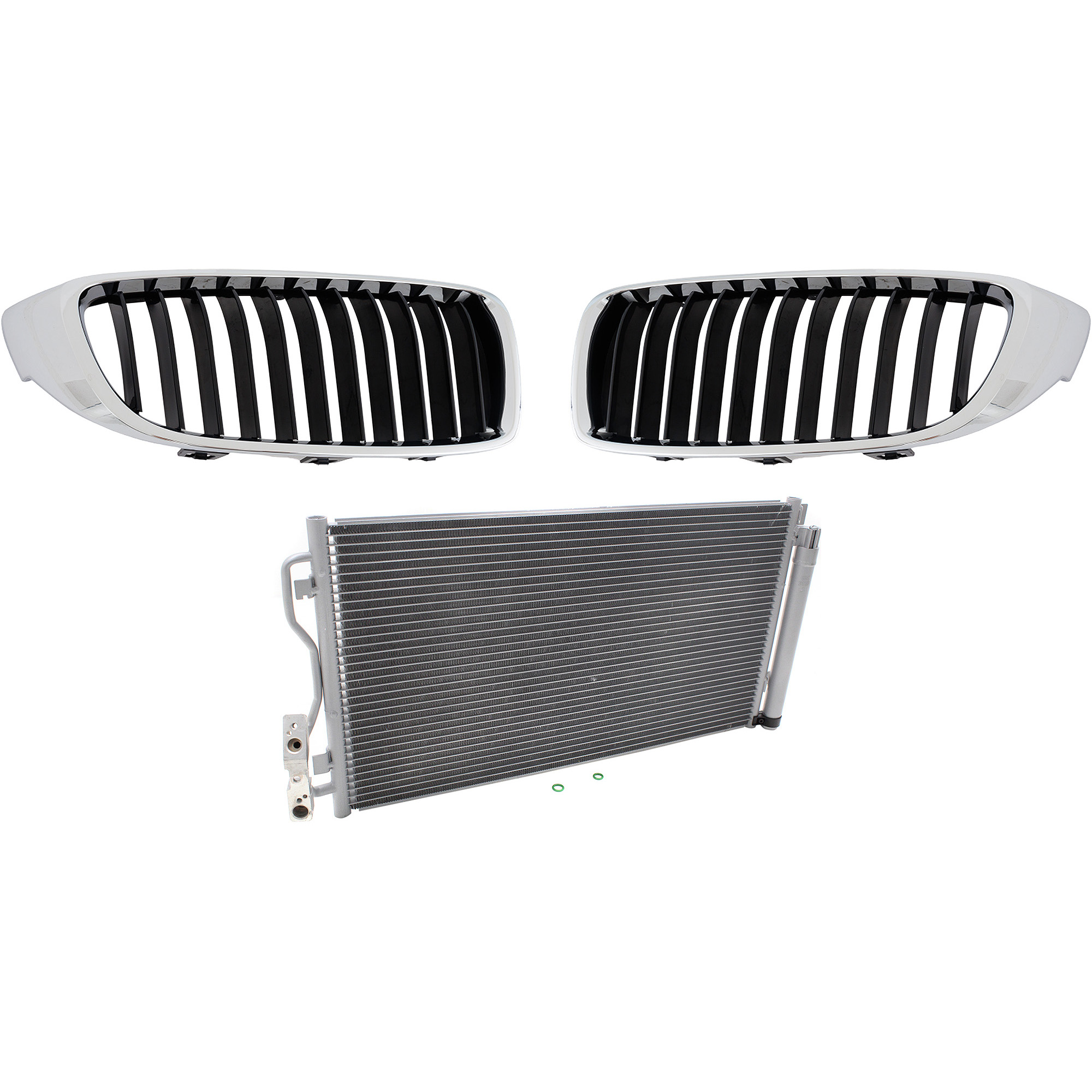 AM 428I 428I XDRIVE 435I 14-16 GRILLE RH AND LH 3 pc kit Chrome Shell with Textured Black with Chrome Molding with A C Condenser SKU KIT 111423-93 Partslink BM1200259 BM1200260 BM3030133 OEM 51137294813-51137294814-645068