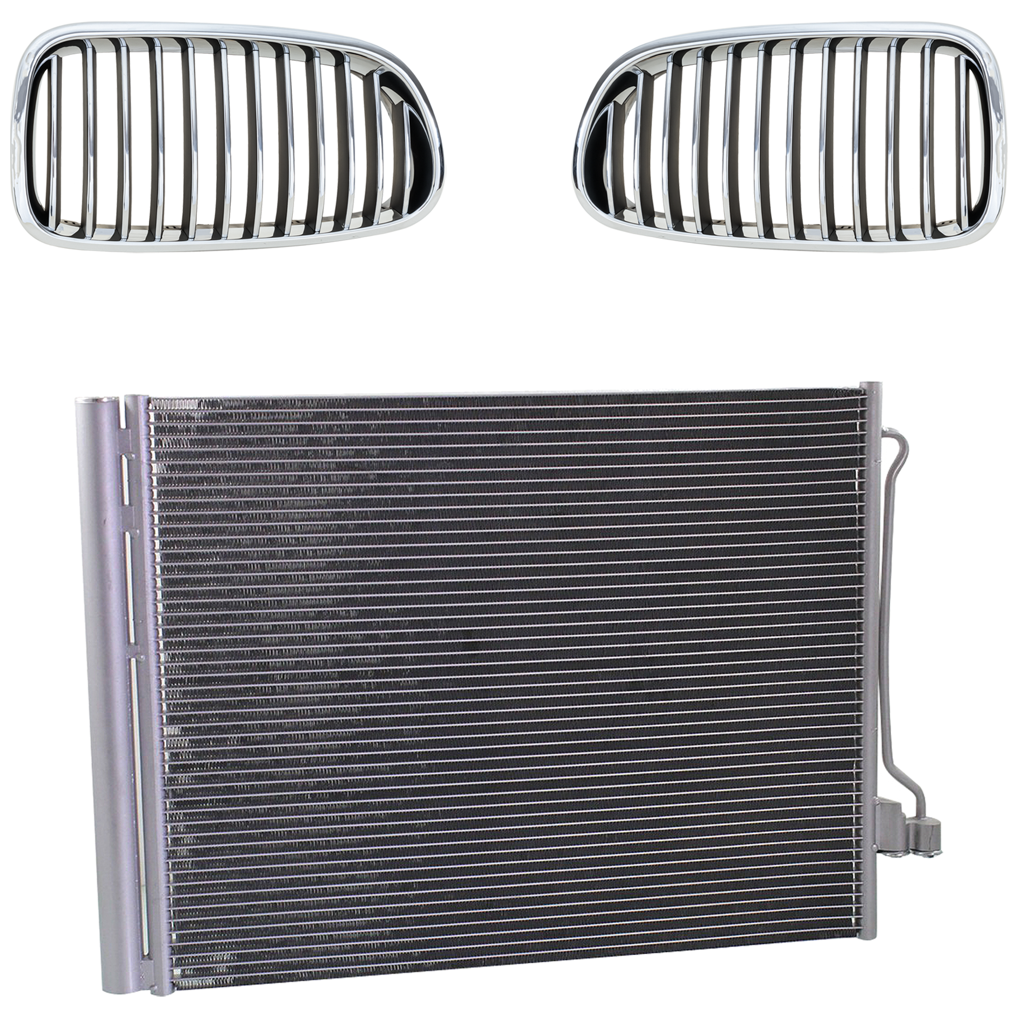 AM 535I 535I XDRIVE 11-13 GRILLE RH AND LH 3 pc kit Chrome Shell with Black Insert with A C Condenser SKU KIT 111423-94 Partslink BM1200195 BM1200196 BM3030134 BM3030135 OEM 51137203649-51137203650-645091