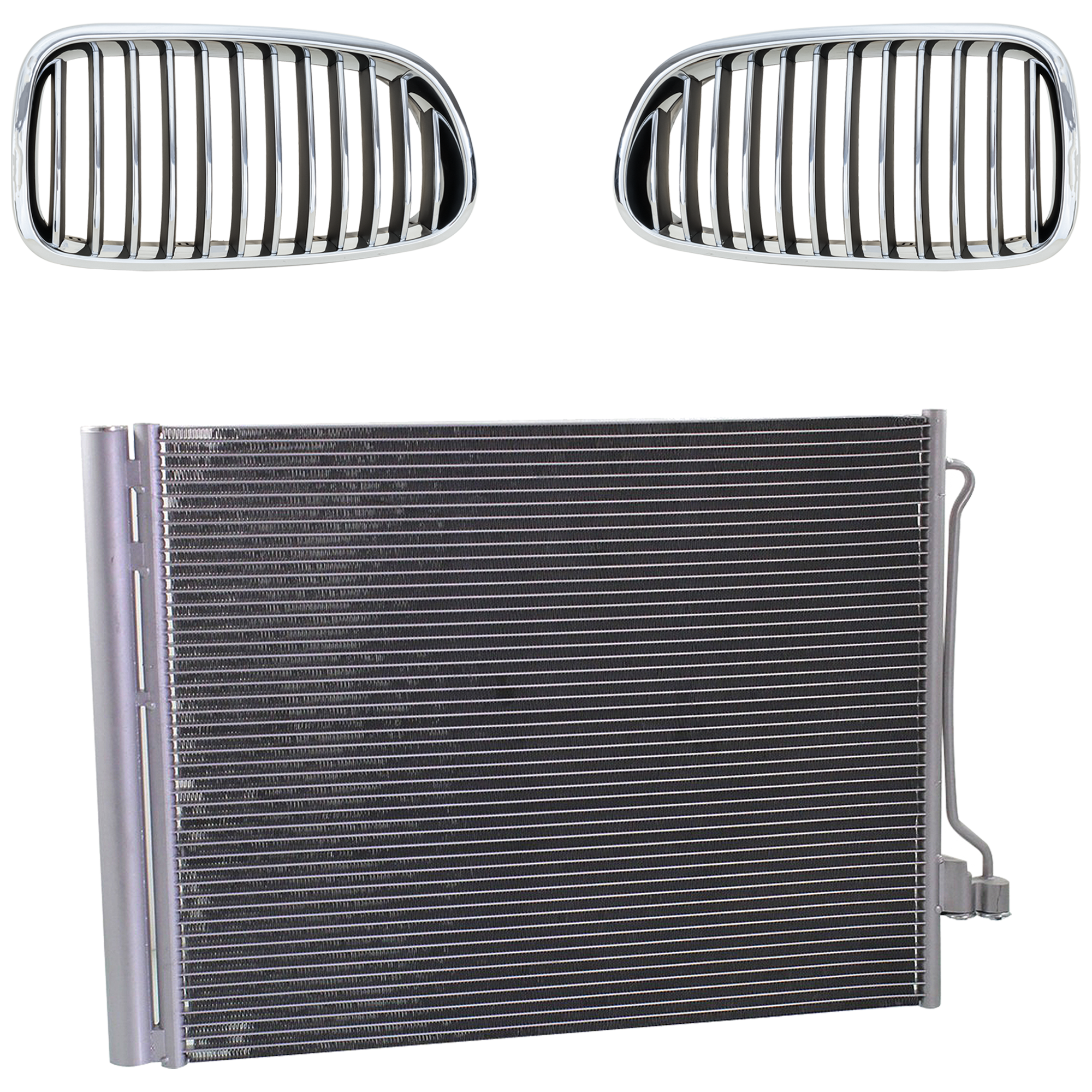 AM 550I 550I XDRIVE 11-13-528I 11-11 GRILLE RH AND LH 3 pc kit Chrome Shell with Black Insert with A C Condenser SKU KIT 111423-97 Partslink BM1200195 BM1200196 BM3030128 OEM 51137203649-51137203650-645368