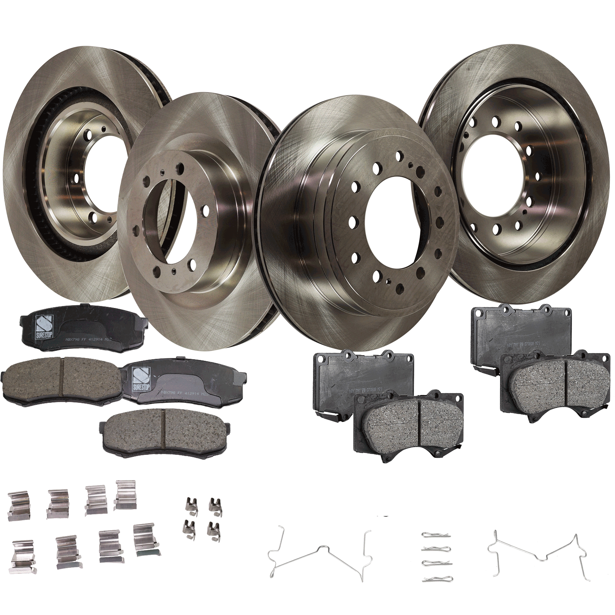 AM 4RUNNER GX460-10-22 FRONT AND REAR BRAKE DISC AND PAD KIT 8 pc kit Plain Surface SKU KIT 111822-04 OEM 31550-44715-0833467-850180-880