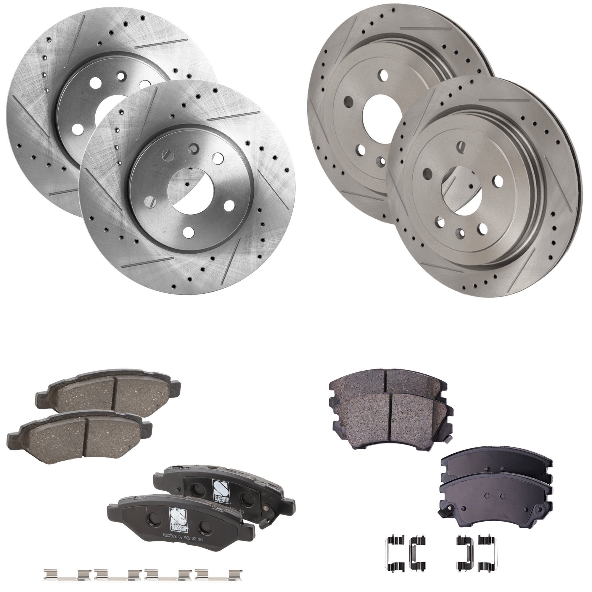 AM CAMARO 10-15 FRONT AND REAR BRAKE DISC AND PAD KIT 4 Wheel Set Cross drilled and Slotted SKU KIT 111822-07 OEM 41-237-551-717-203-800-000-000-000