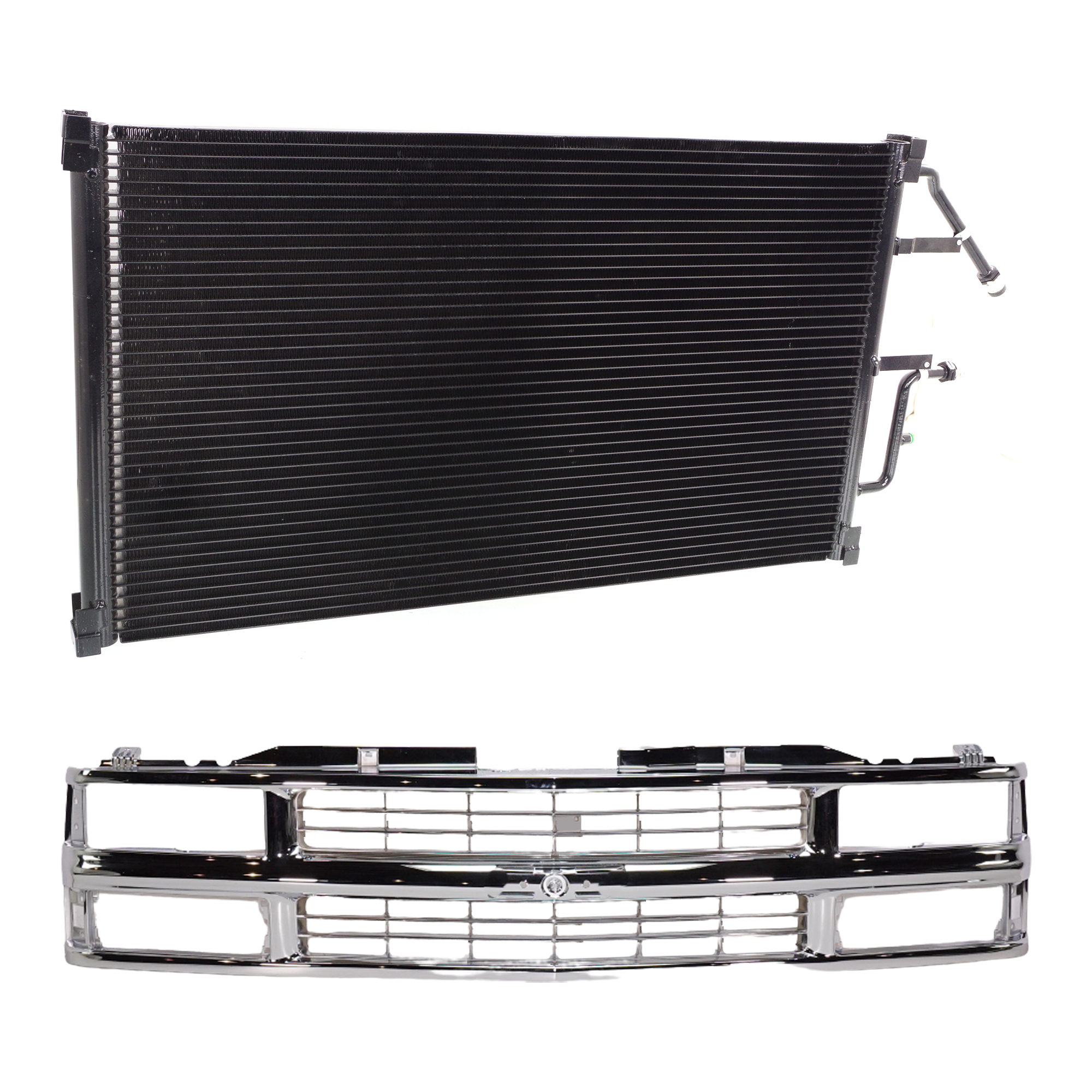 AM CHEVROLET C2500 C3500 K2500-94-00 GRILLE 2 pc kit Chrome Shell and Insert Cross Bar with A C Condenser SKU KIT 111823-101 Partslink GM1200463 GM3030158 OEM 15981106 PFM 52458719