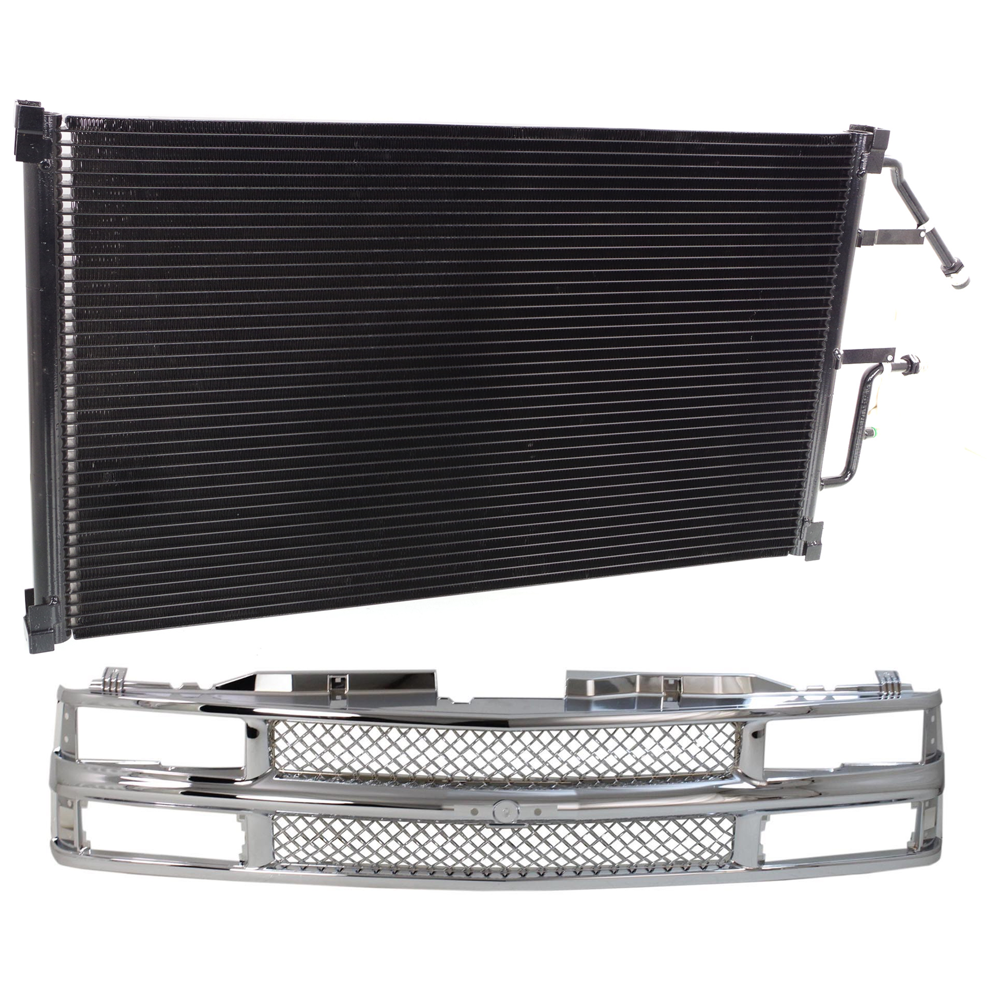 AM CHEVROLET C2500 C3500 K2500-94-00 GRILLE 2 pc kit Chrome Shell and Insert Mesh with A C Condenser SKU KIT 111823-102 Partslink GM3030158 OEM 15981092 PFM 52458719