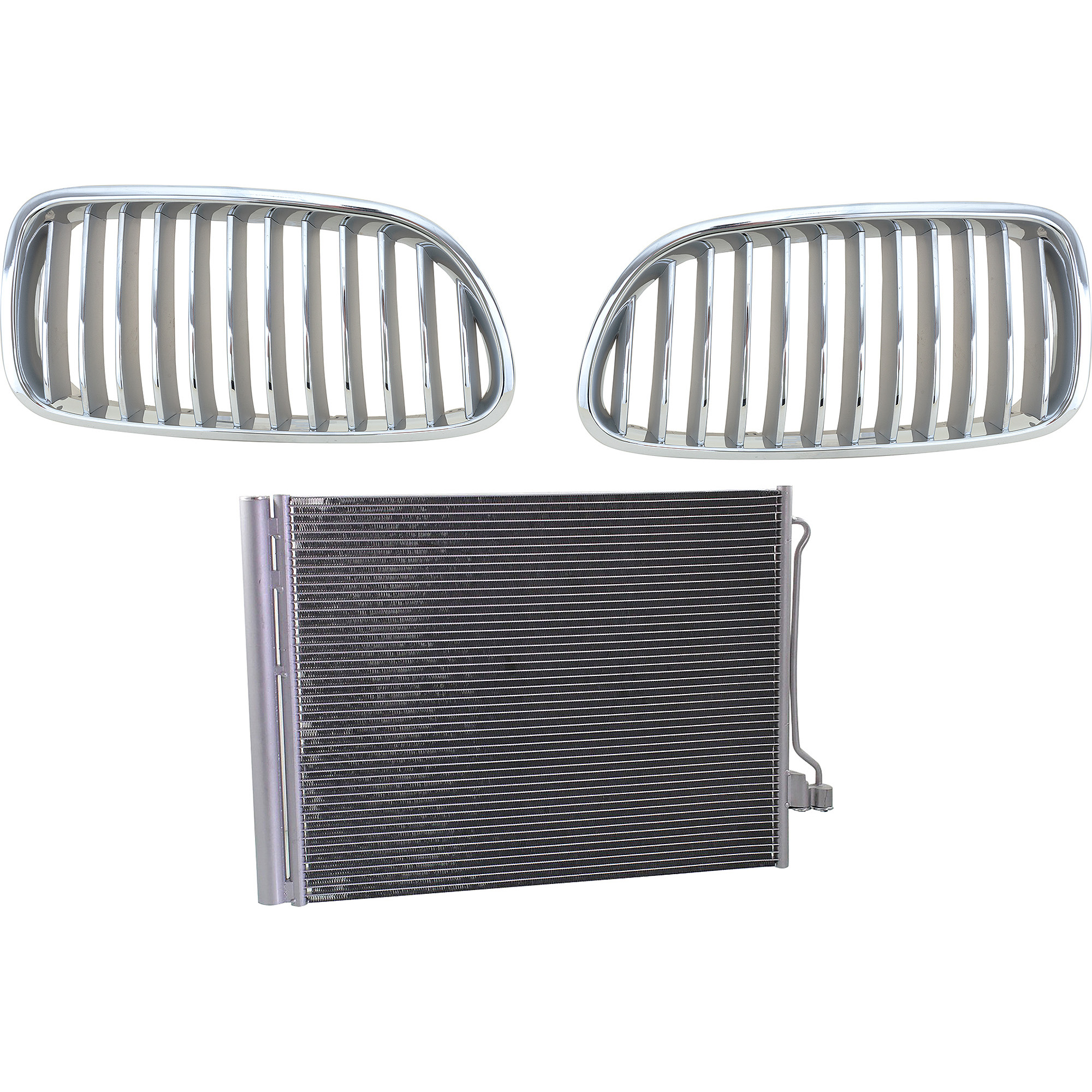 AM 550I 11-16 GRILLE RH AND LH 3 pc kit Chrome Shell and Insert with A C Condenser SKU KIT 111823-109 Partslink BM1200199 BM1200200 BM3030128 OEM 51137261355-51137261356-645368