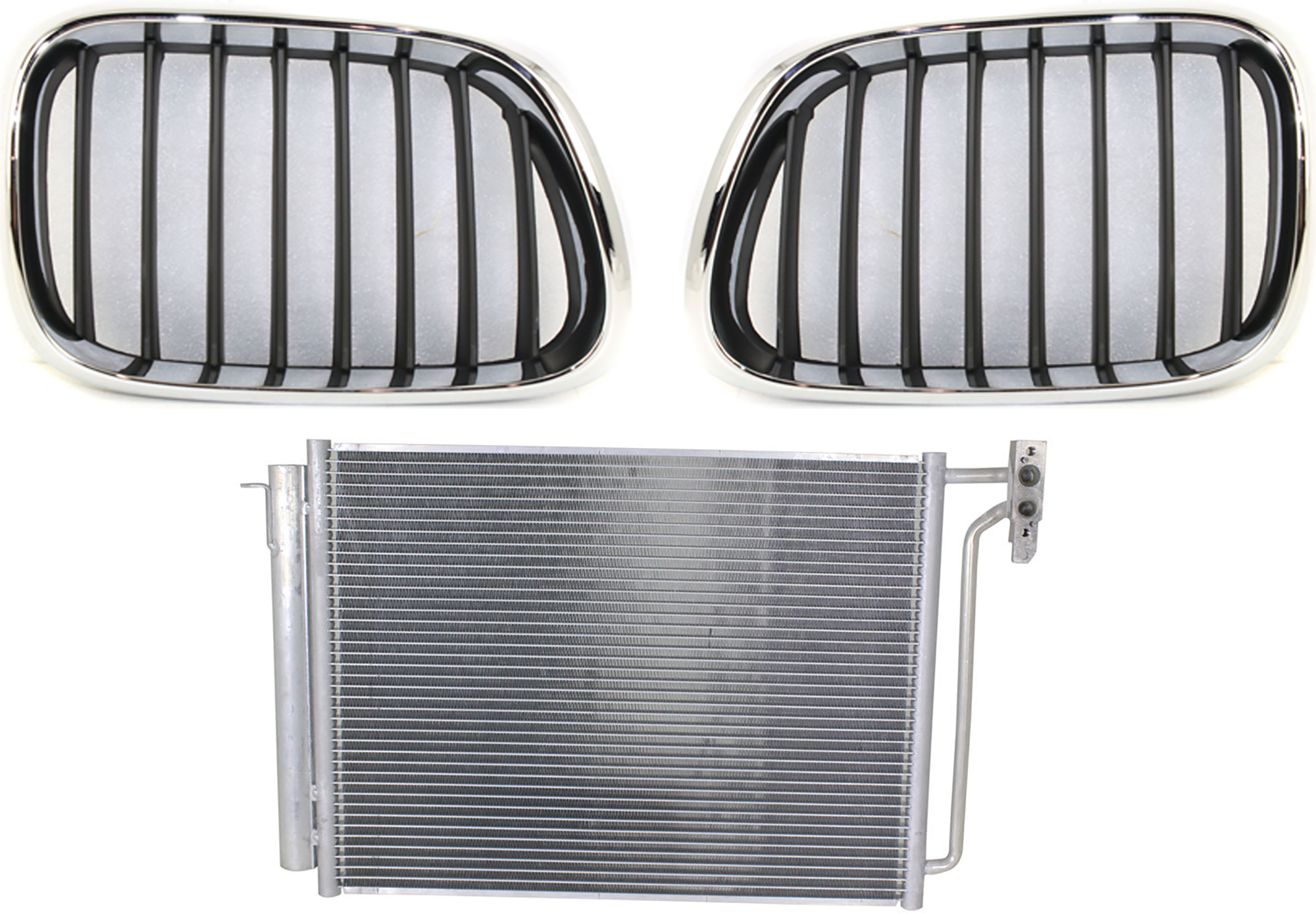 AM X5-00-03 GRILLE RH AND LH 3 pc kit Chrome Black ABS Plastic with A C Condenser SKU KIT 111823-110 Partslink BM1200152 BM1200153 BM3030110 OEM 51138402645-51138402646-645369