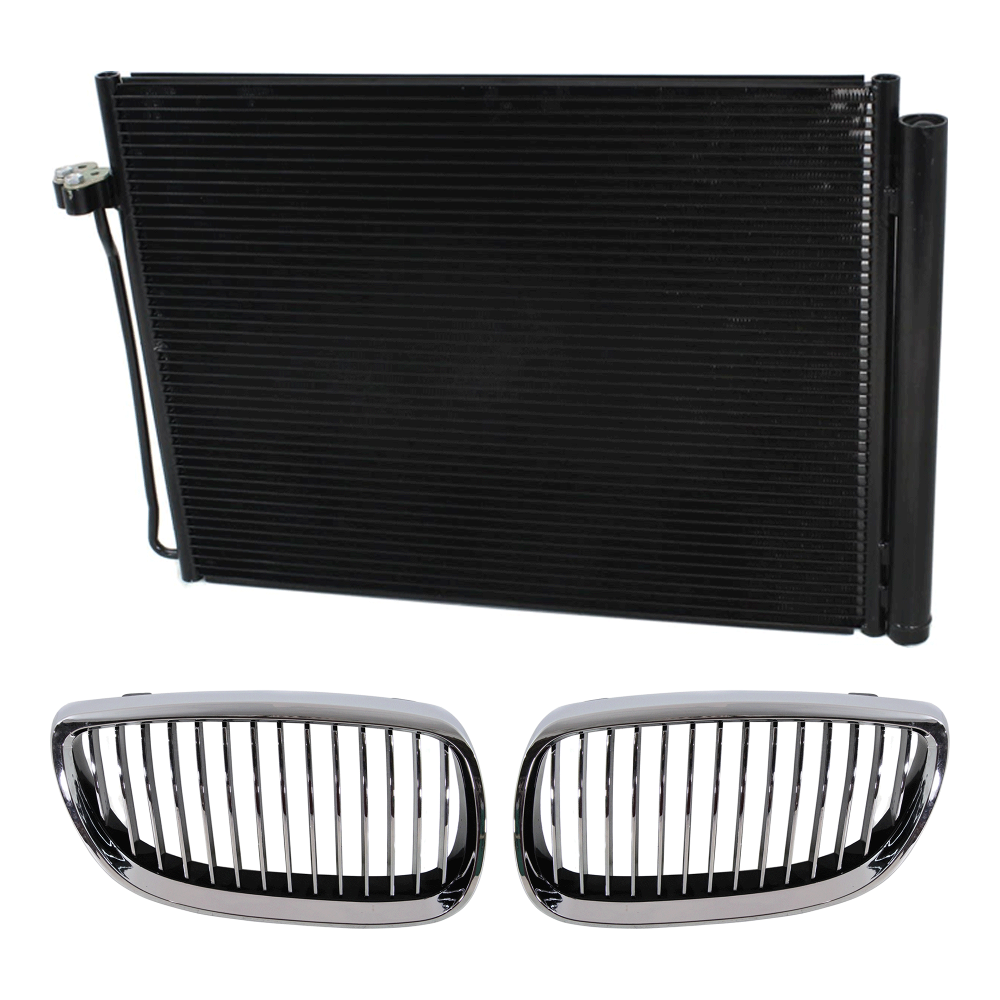 AM X5-07-13 X6-08-12 GRILLE RH AND LH 3 pc kit Chrome Shell Painted Black Insert with A C Condenser SKU KIT 111823-111 Partslink BM1200180 BM1200181 BM3030127 OEM 51137157687-51137157688-645092